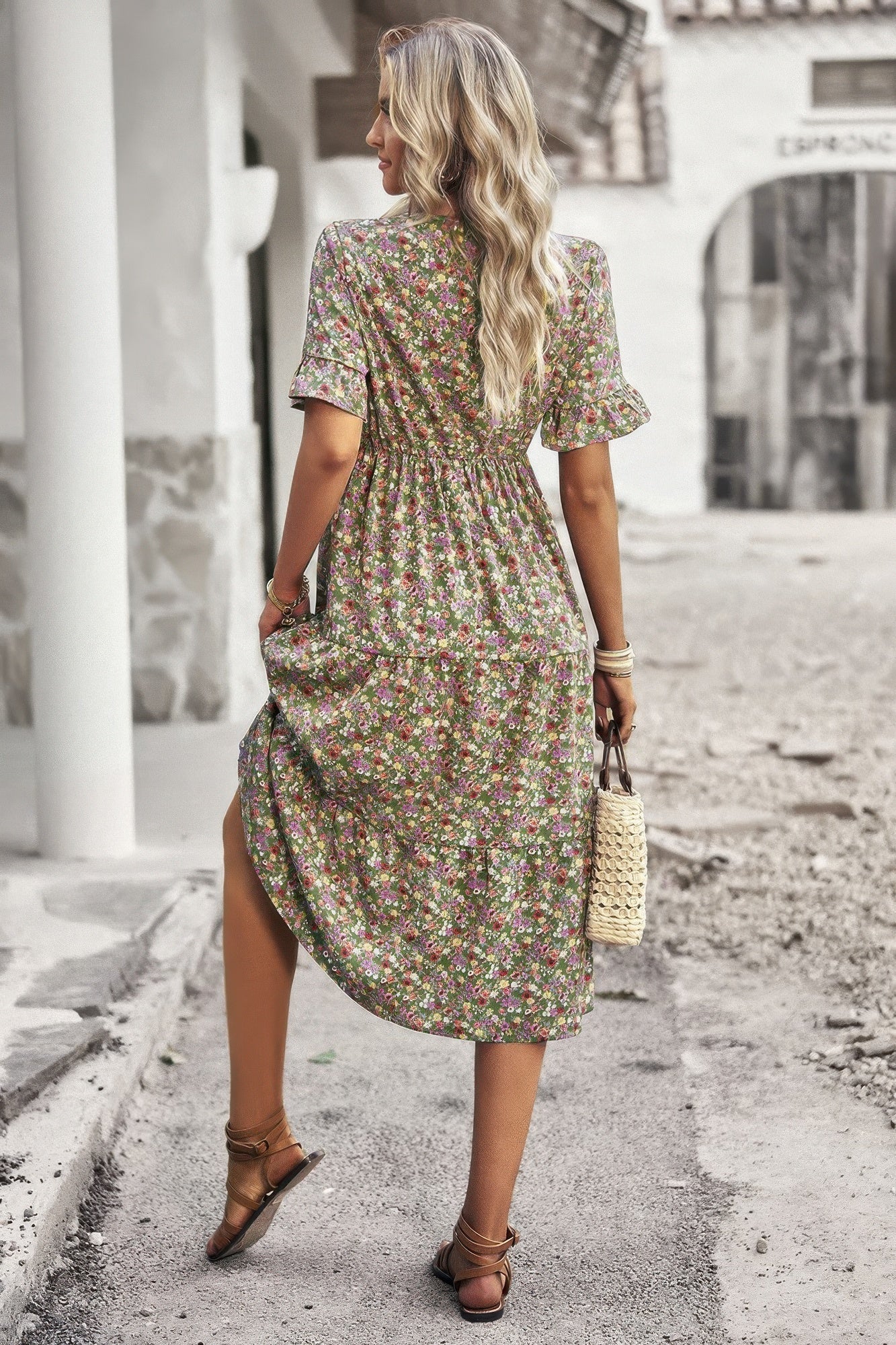 Boho Floral Ruffle Hem V Neck Short Sleeve Dress  Shop One Place