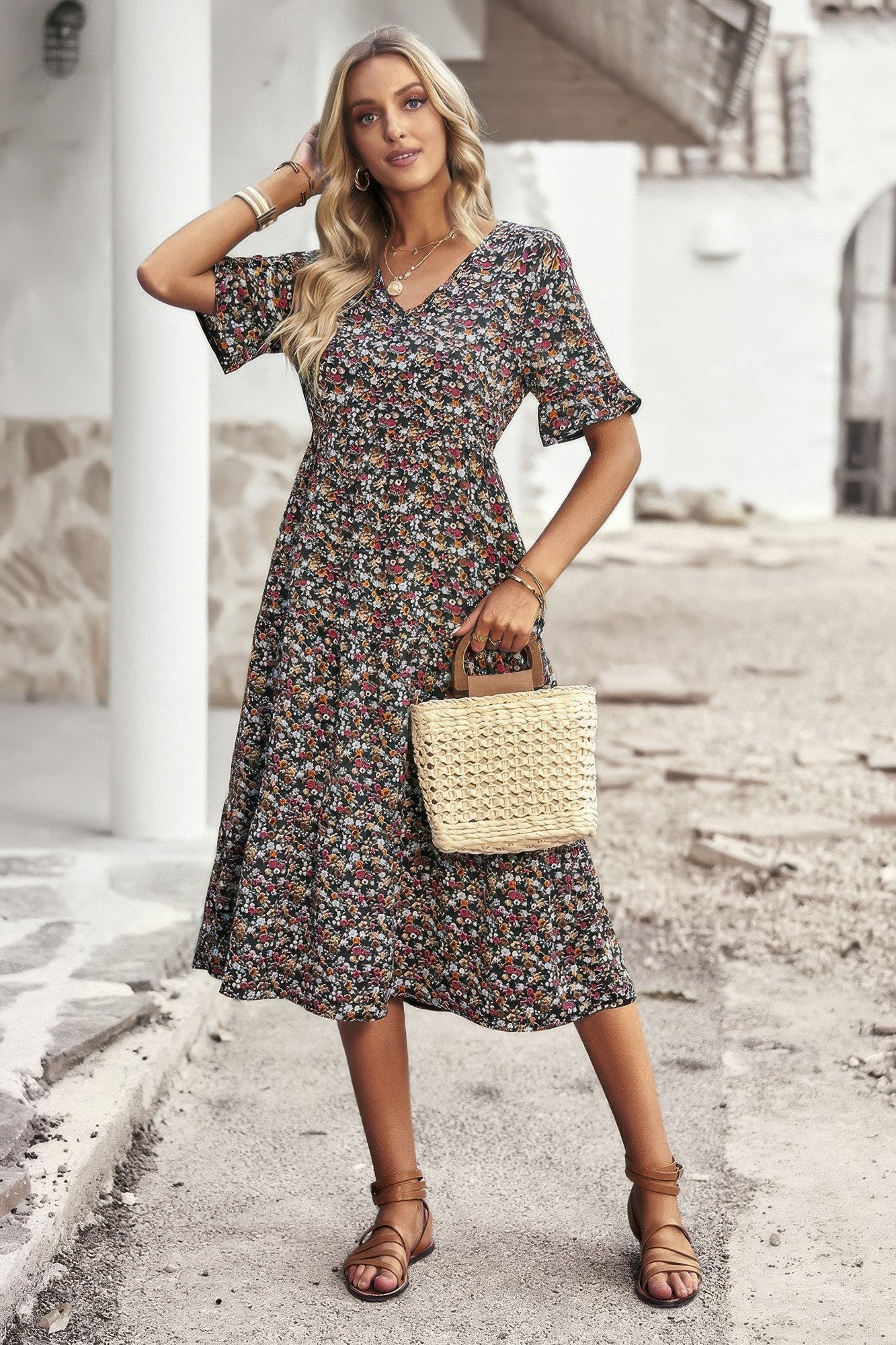 Boho Floral Ruffle Hem V Neck Short Sleeve Dress  Shop One Place