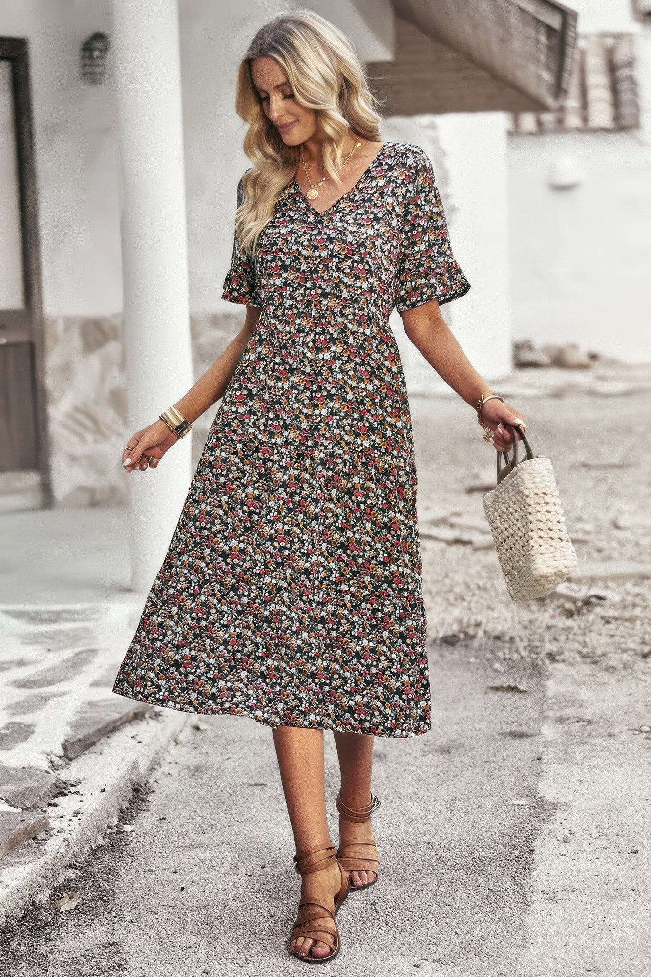 Boho Floral Ruffle Hem V Neck Short Sleeve Dress  Shop One Place