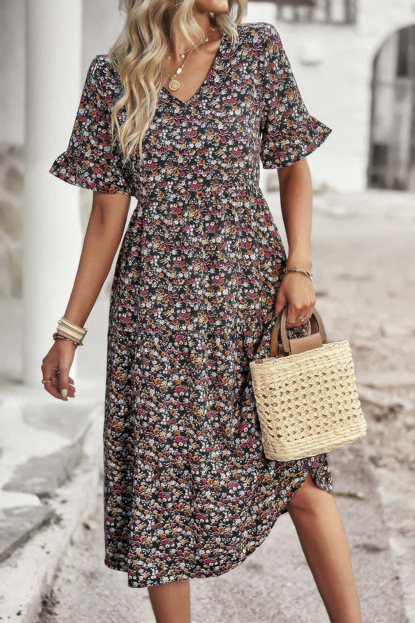 Boho Floral Ruffle Hem V Neck Short Sleeve Dress  Shop One Place