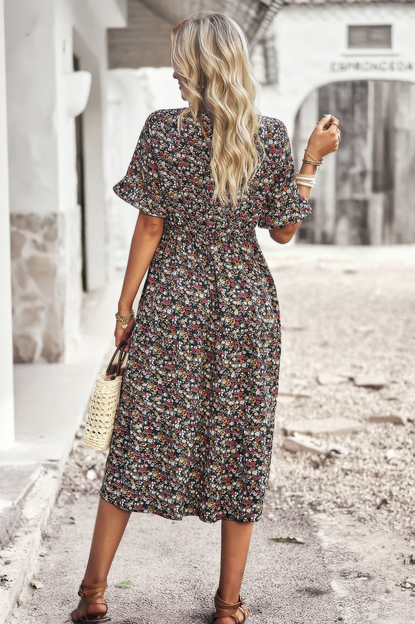 Boho Floral Ruffle Hem V Neck Short Sleeve Dress  Shop One Place