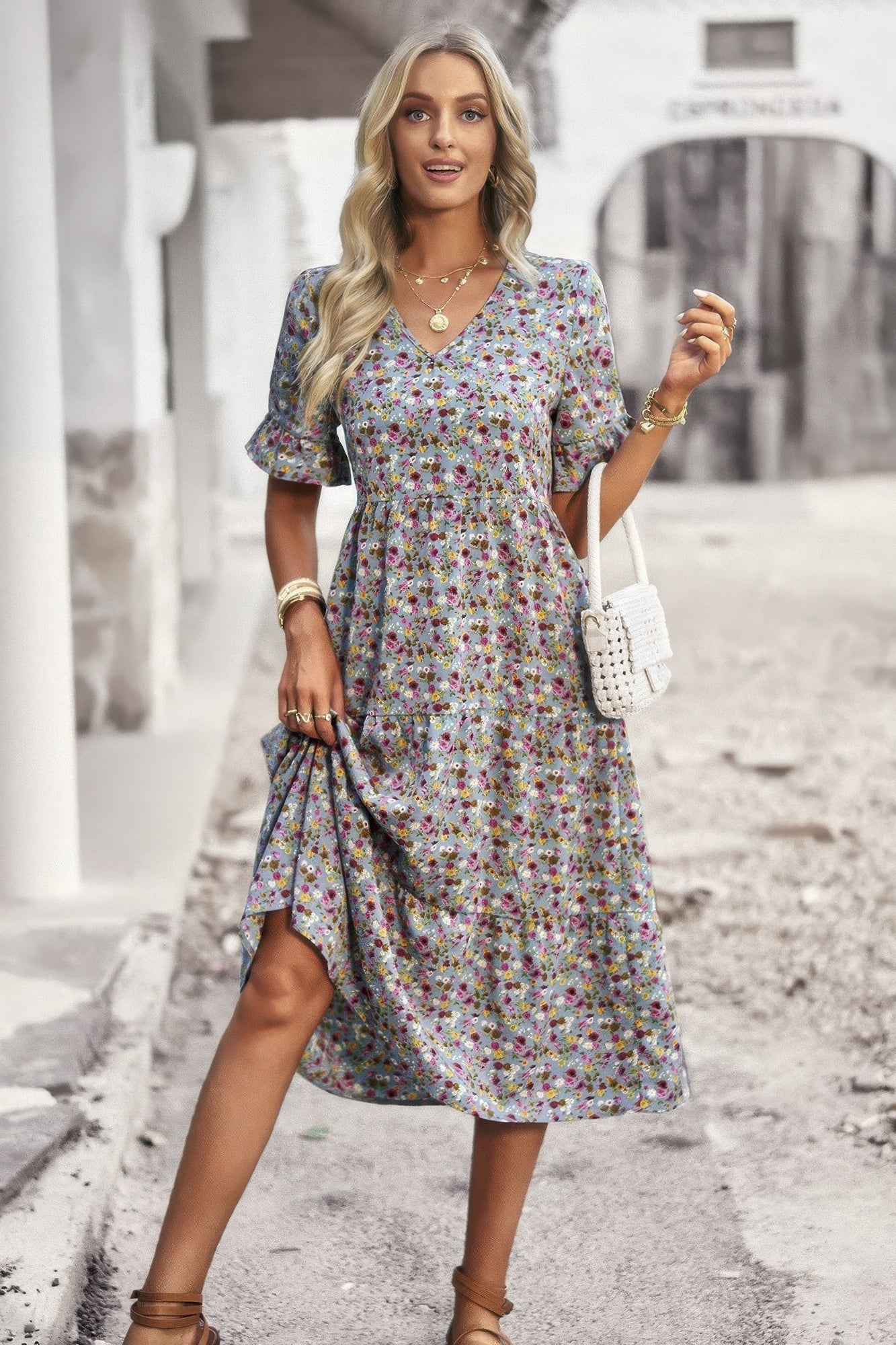 Boho Floral Ruffle Hem V Neck Short Sleeve Dress  Shop One Place