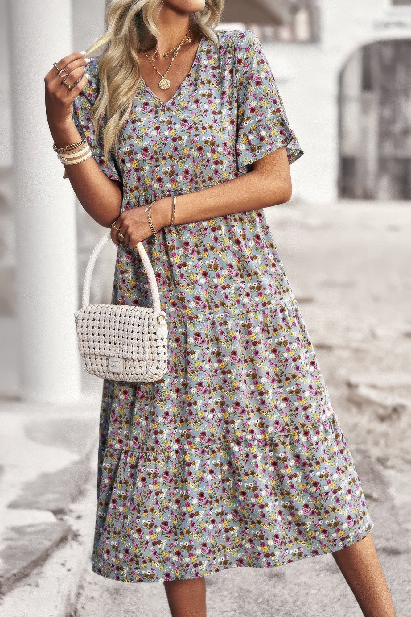 Boho Floral Ruffle Hem V Neck Short Sleeve Dress  Shop One Place
