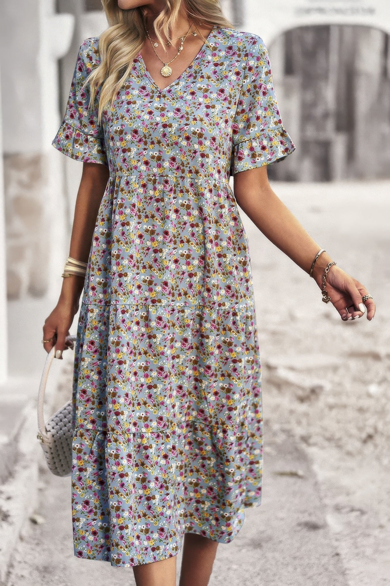 Boho Floral Ruffle Hem V Neck Short Sleeve Dress  Shop One Place