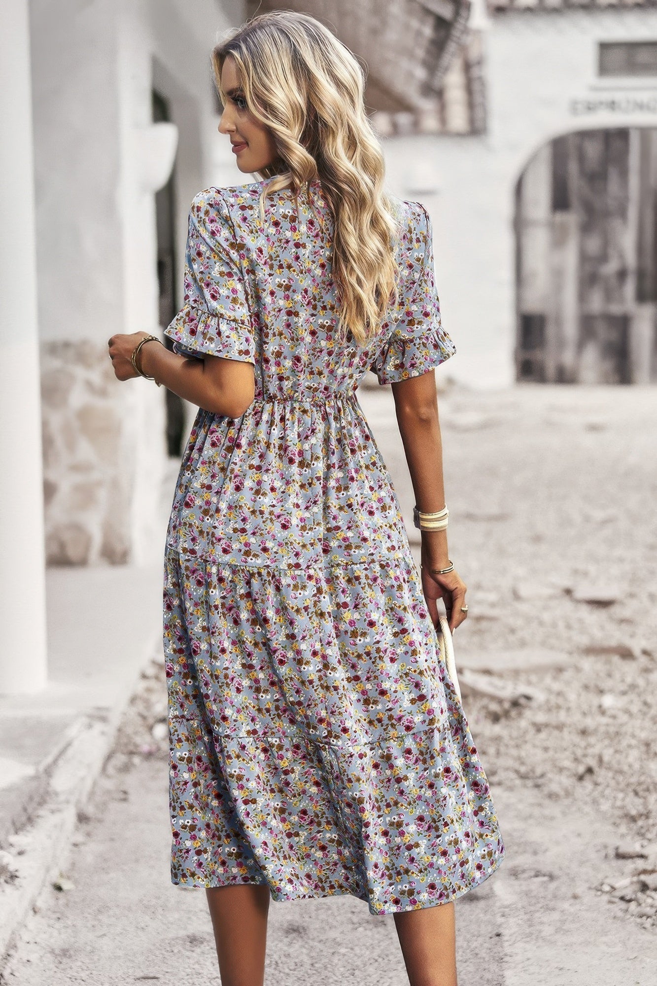 Boho Floral Ruffle Hem V Neck Short Sleeve Dress  Shop One Place