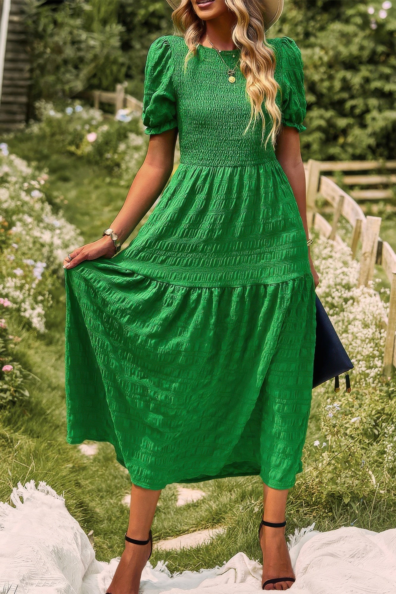 Pleated Tiered Solid Short Puff Sleeve A Line Dress  Shop One Place