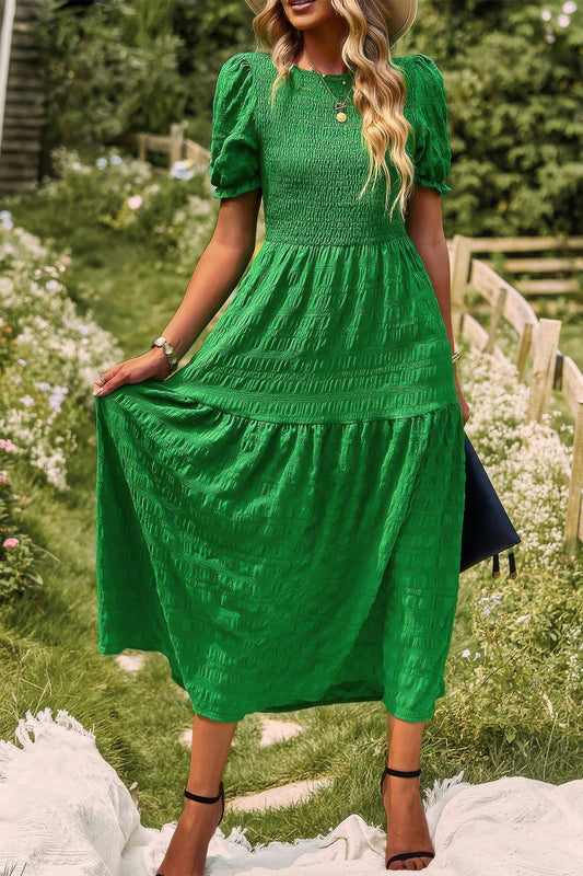 Pleated Tiered Solid Short Puff Sleeve A Line Dress  Shop One Place