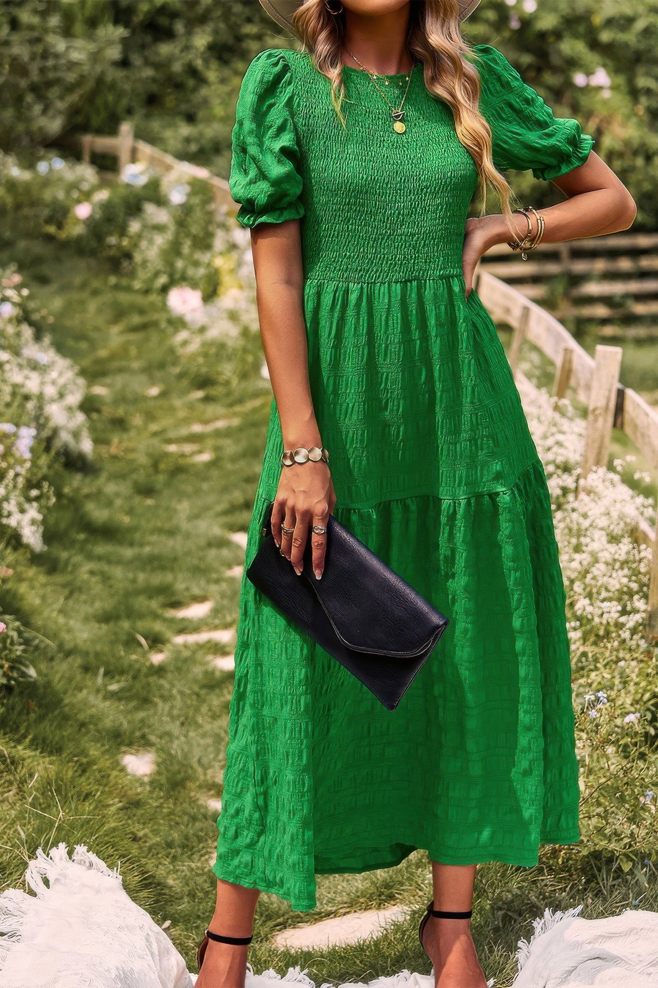 Pleated Tiered Solid Short Puff Sleeve A Line Dress  Shop One Place