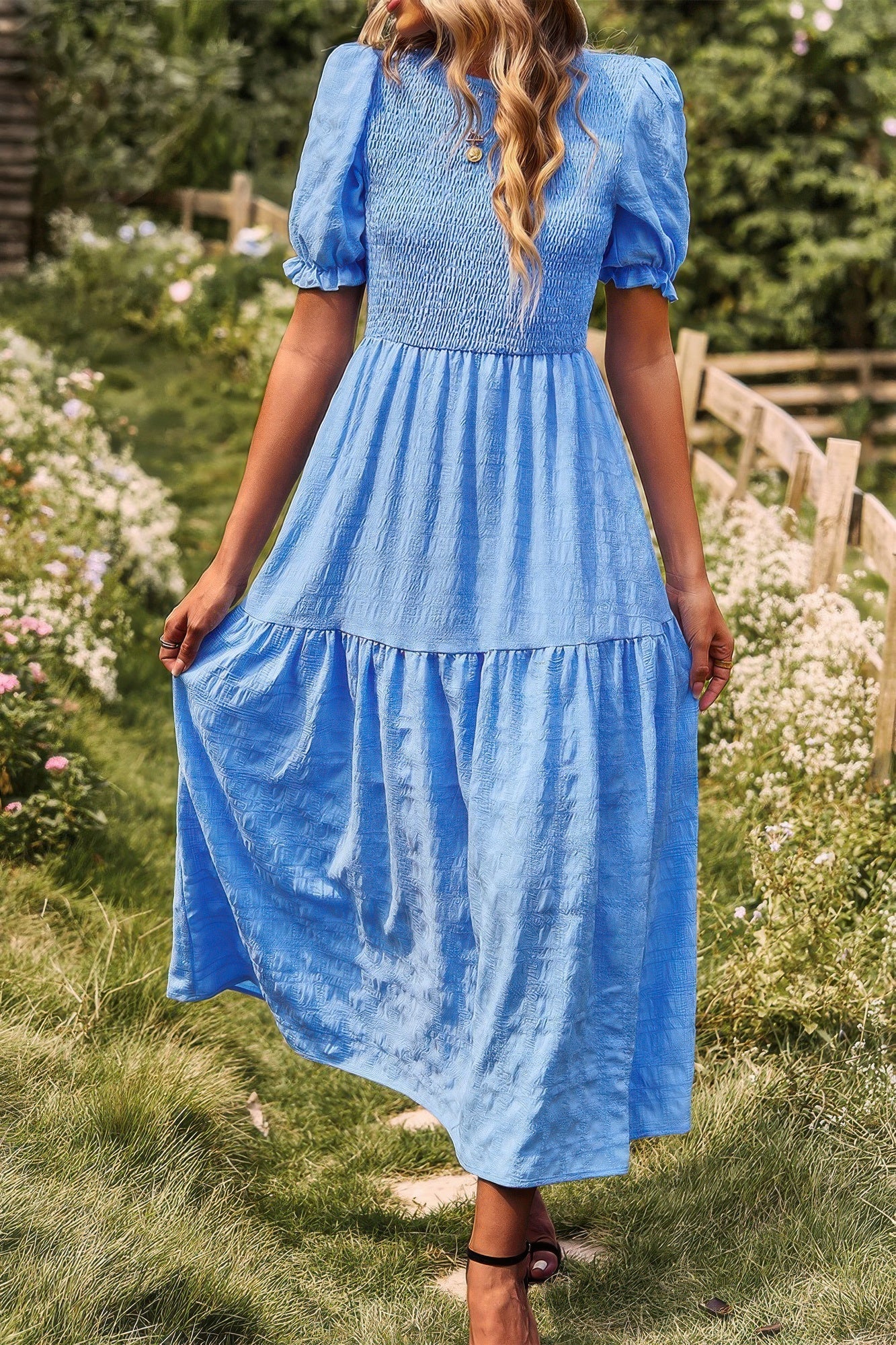 Pleated Tiered Solid Short Puff Sleeve A Line Dress  Shop One Place