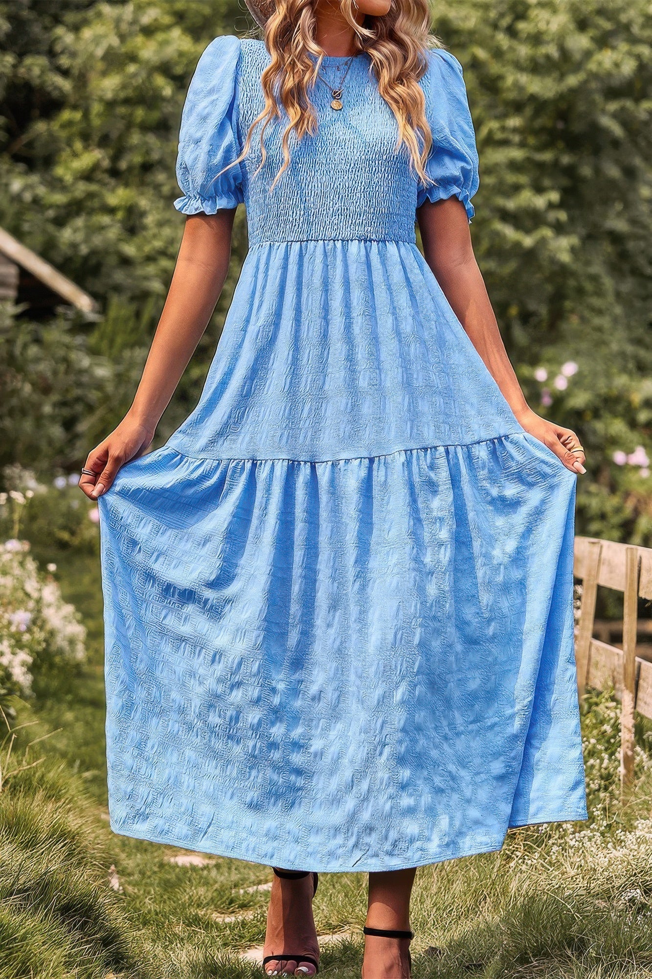 Pleated Tiered Solid Short Puff Sleeve A Line Dress  Shop One Place