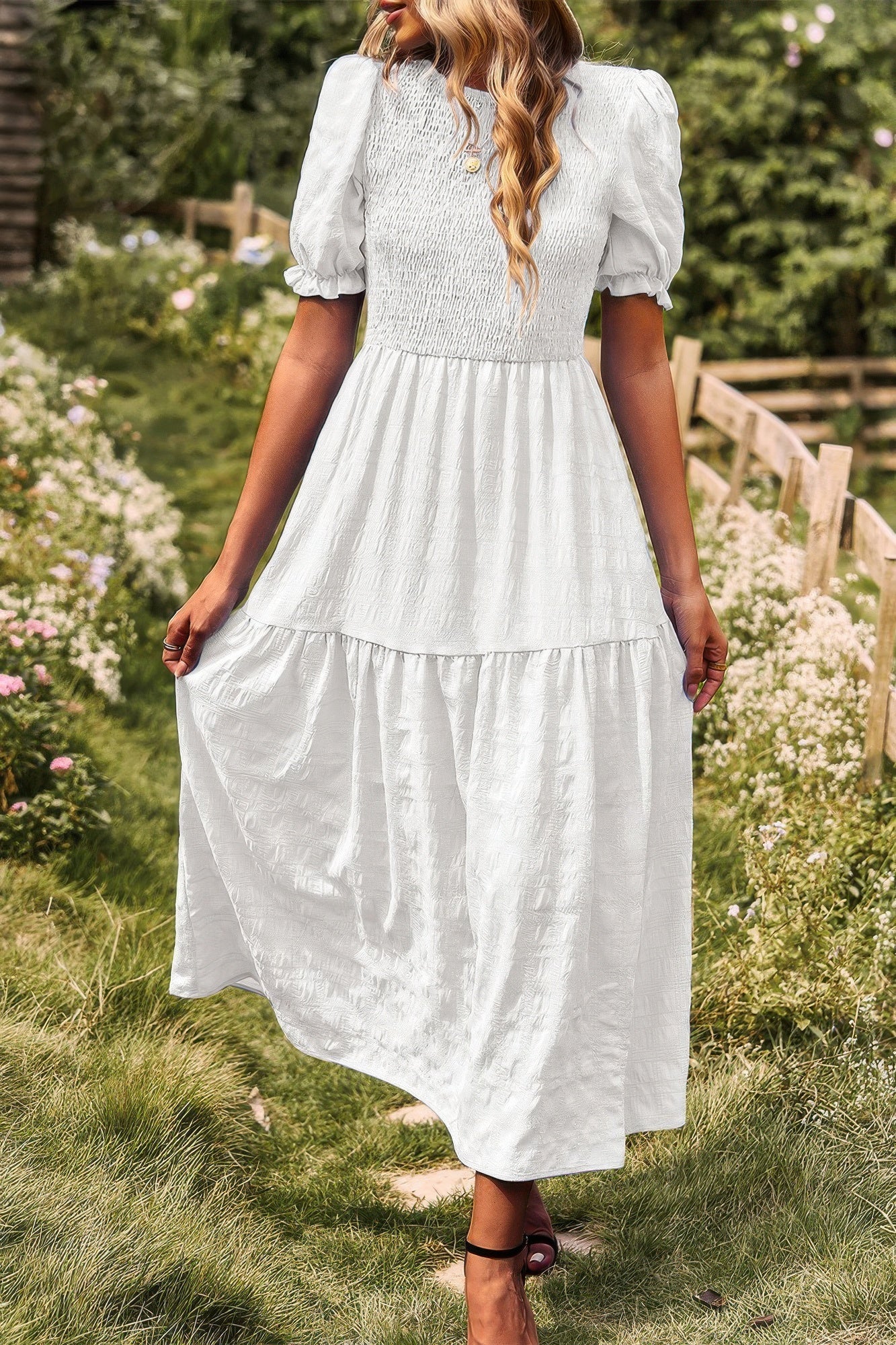 Pleated Tiered Solid Short Puff Sleeve A Line Dress  Shop One Place