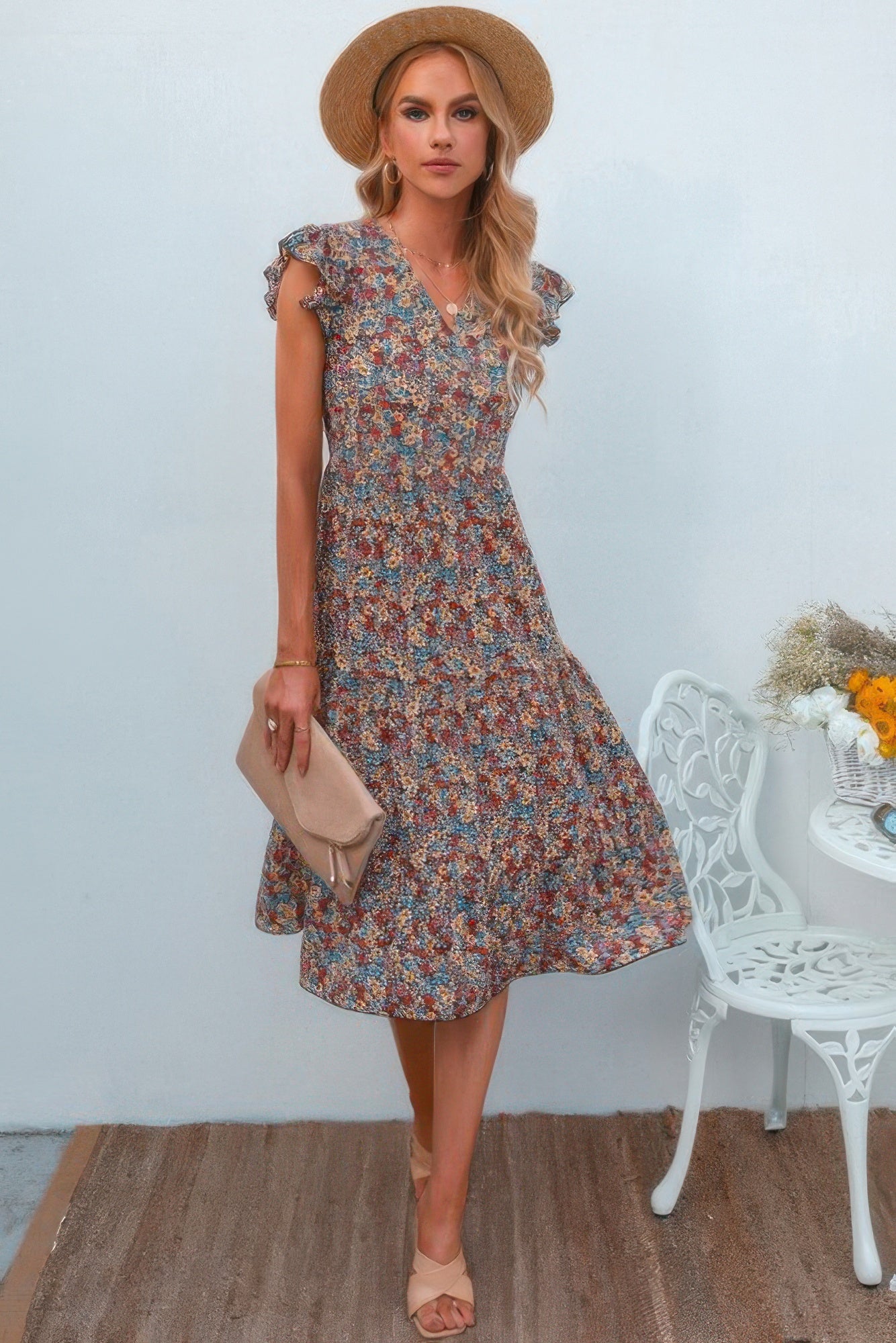Boho Floral V Neck Ruffle Sleeve A Line Midi Dress  Shop One Place