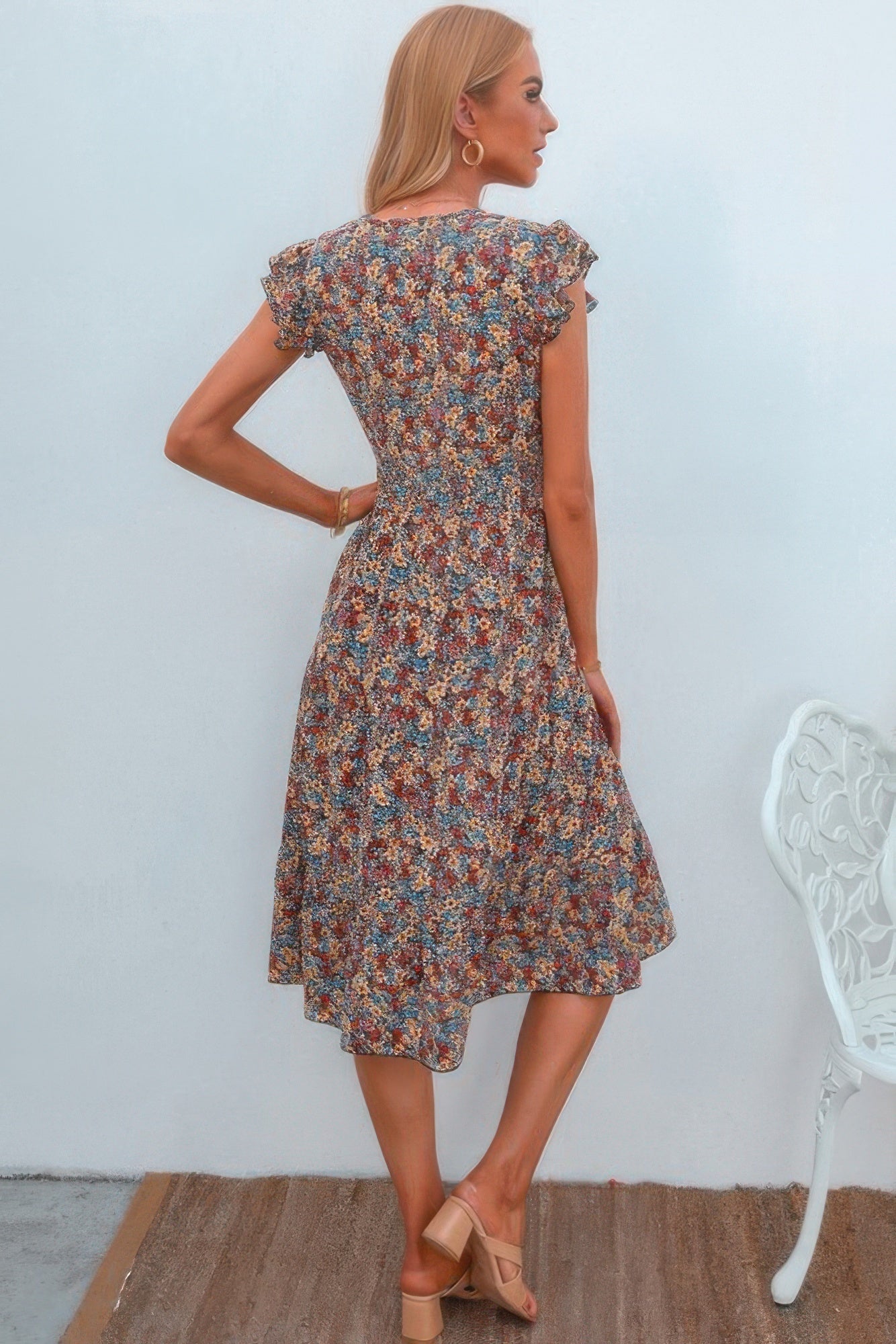 Boho Floral V Neck Ruffle Sleeve A Line Midi Dress  Shop One Place