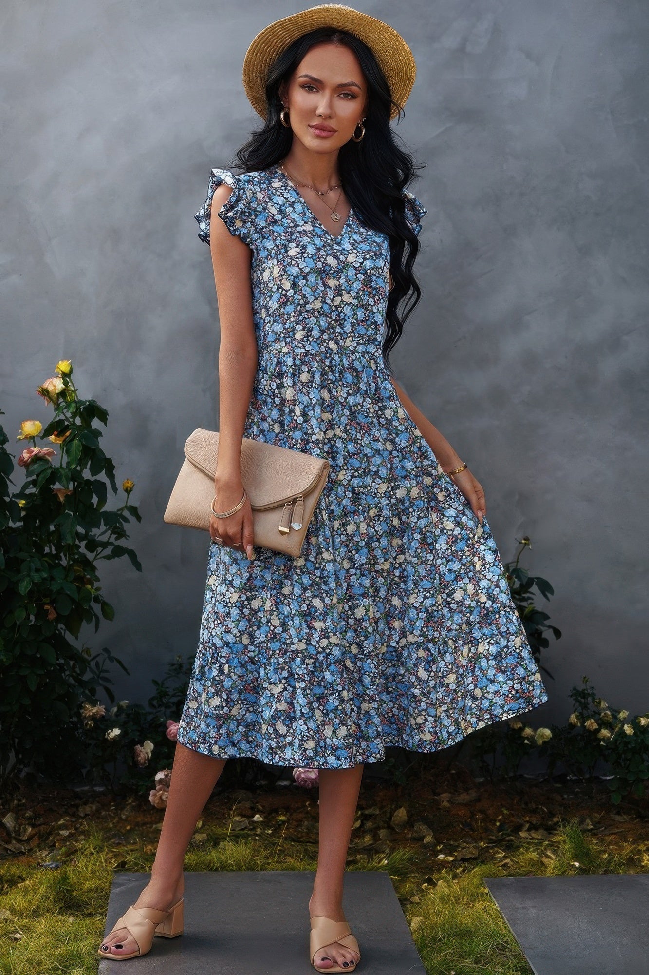 Boho Floral V Neck Ruffle Sleeve A Line Midi Dress  Shop One Place