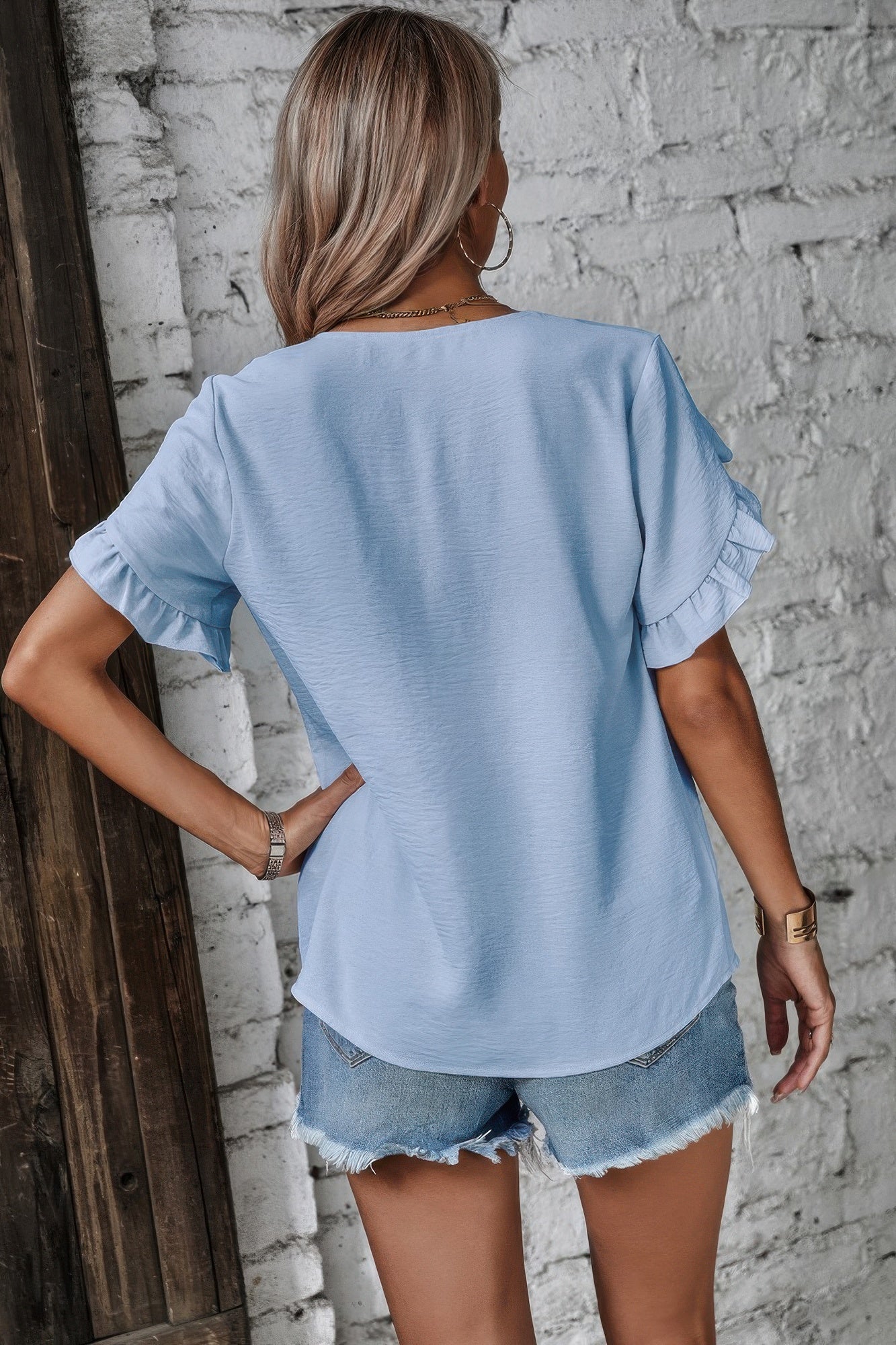 Ruffle Solid V Neck Short Sleeve Tunic Shirt  Shop One Place
