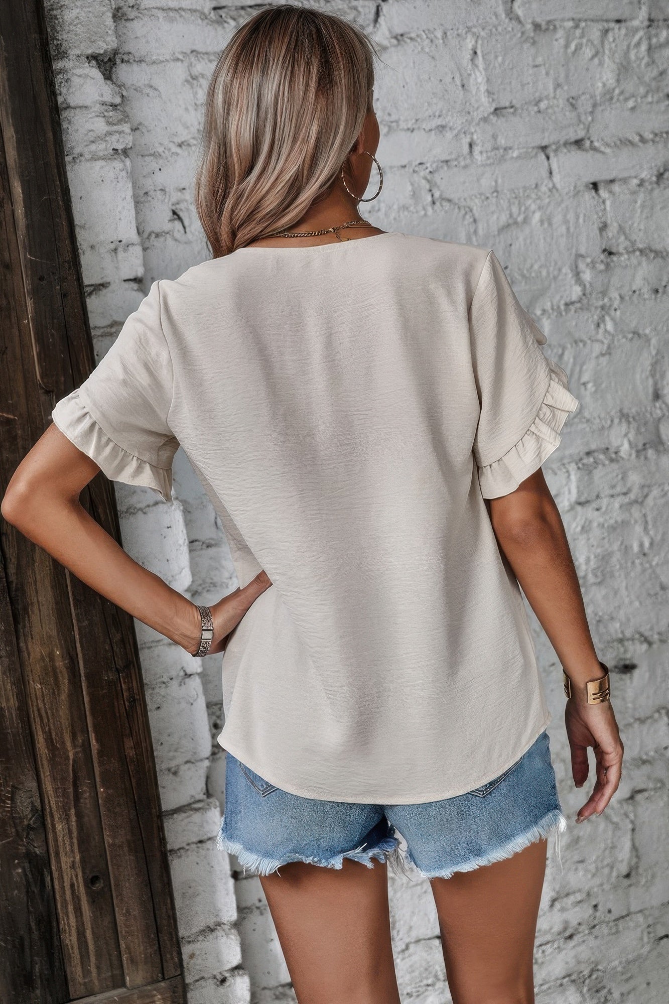 Ruffle Solid V Neck Short Sleeve Tunic Shirt  Shop One Place
