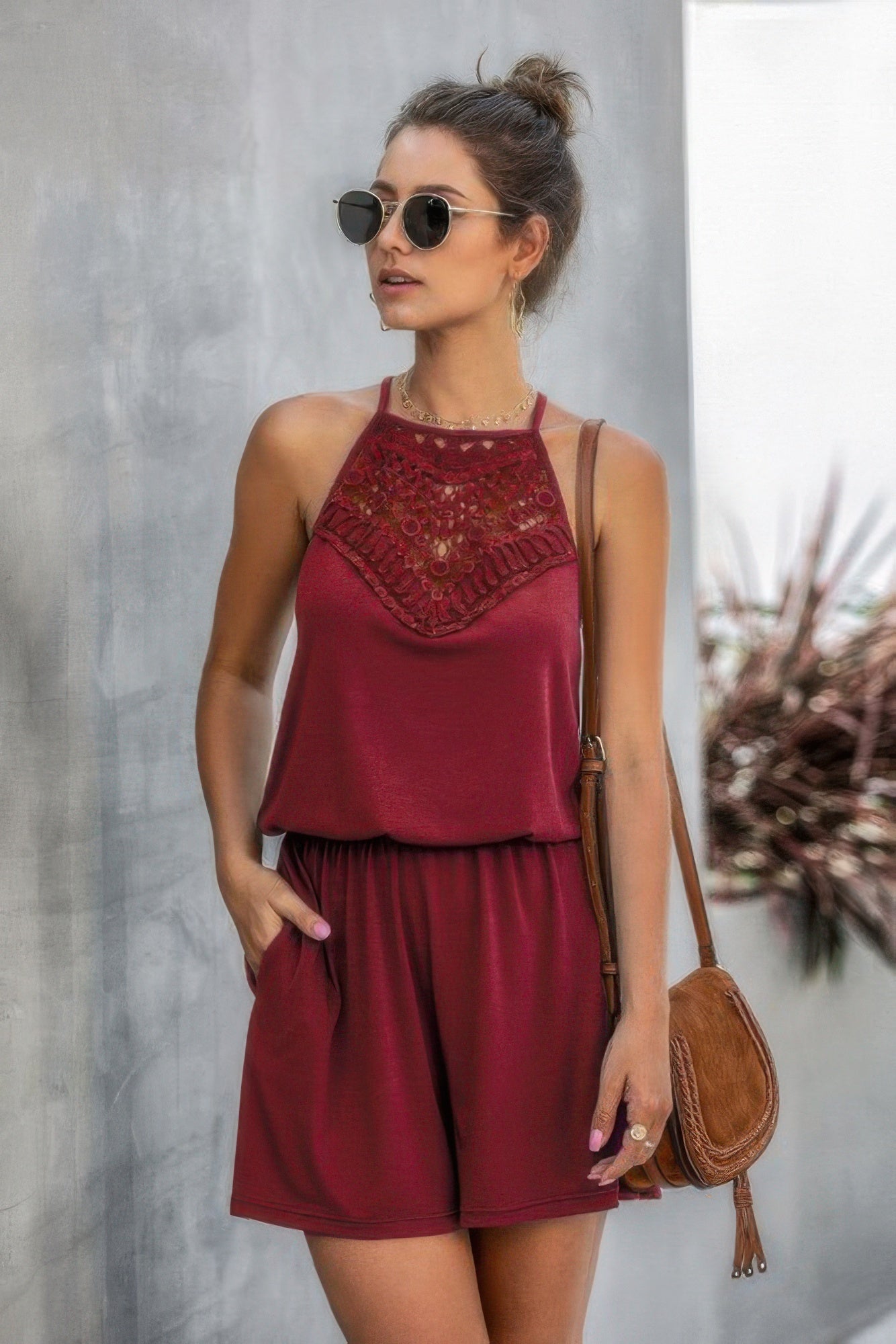 Solid Halter Lace Sleeveless Patchwork Romper  Shop One Place