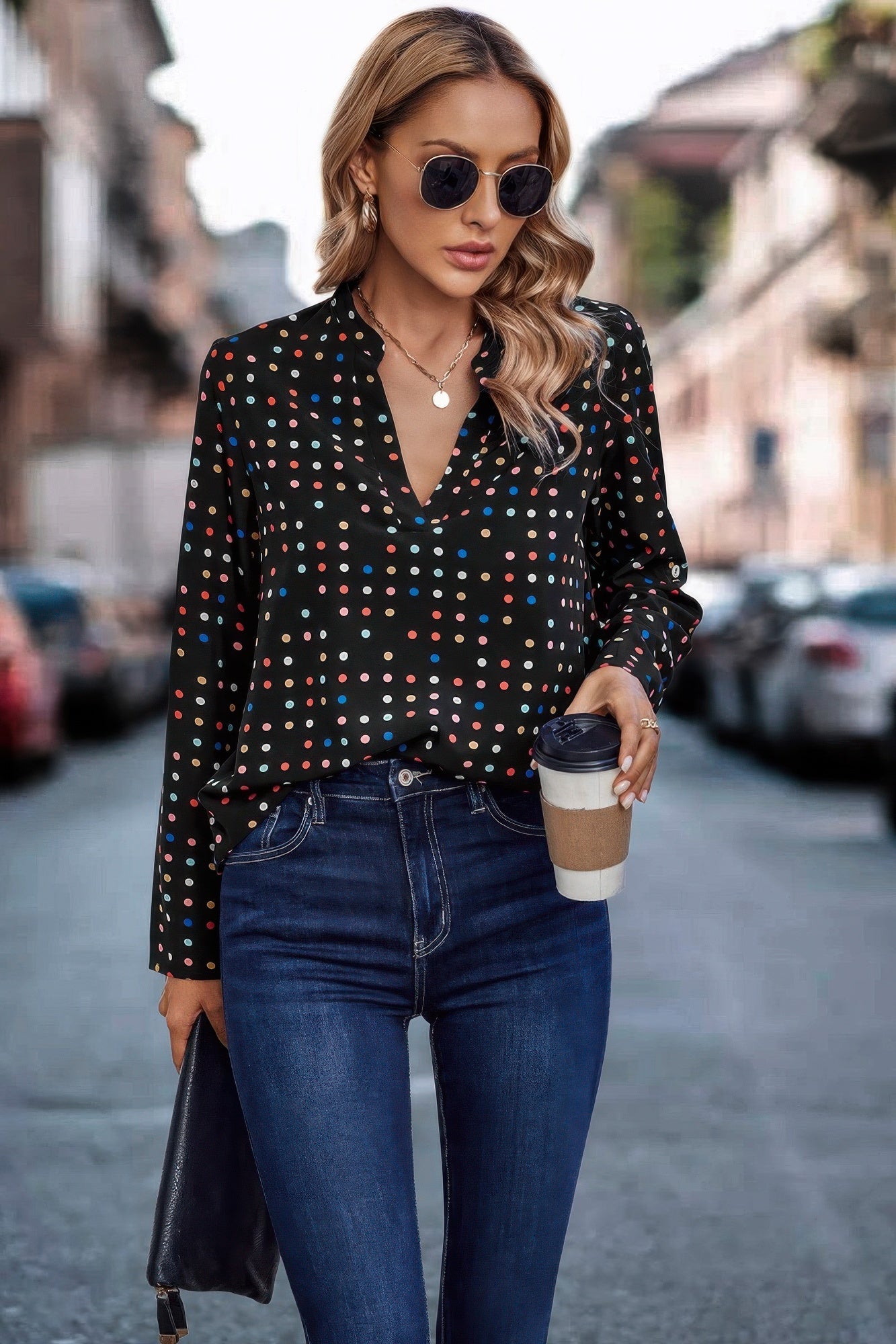 Polka Dot Puff Sleeve Notched Neckline Blouse  Shop One Place