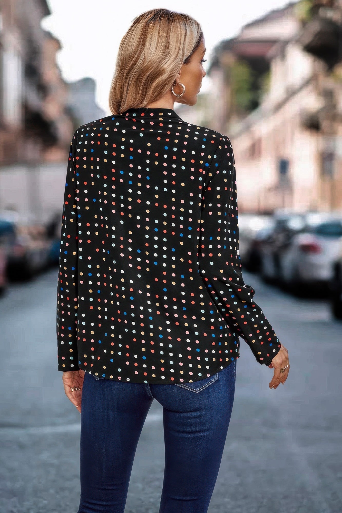 Polka Dot Puff Sleeve Notched Neckline Blouse  Shop One Place