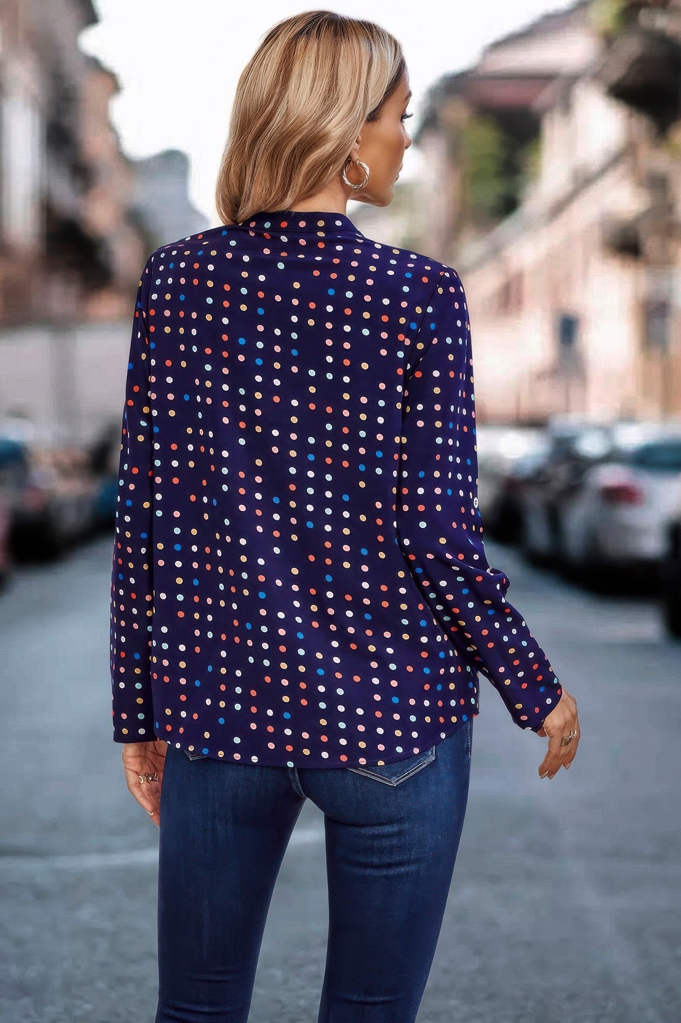 Polka Dot Puff Sleeve Notched Neckline Blouse  Shop One Place
