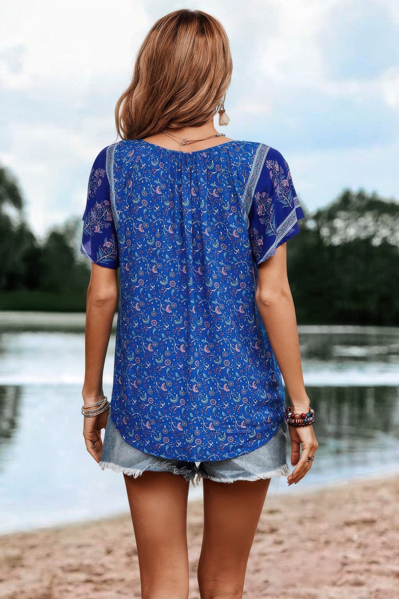 Boho Floral Print Tie Neck Butterfly Sleeve Blouse  Shop One Place