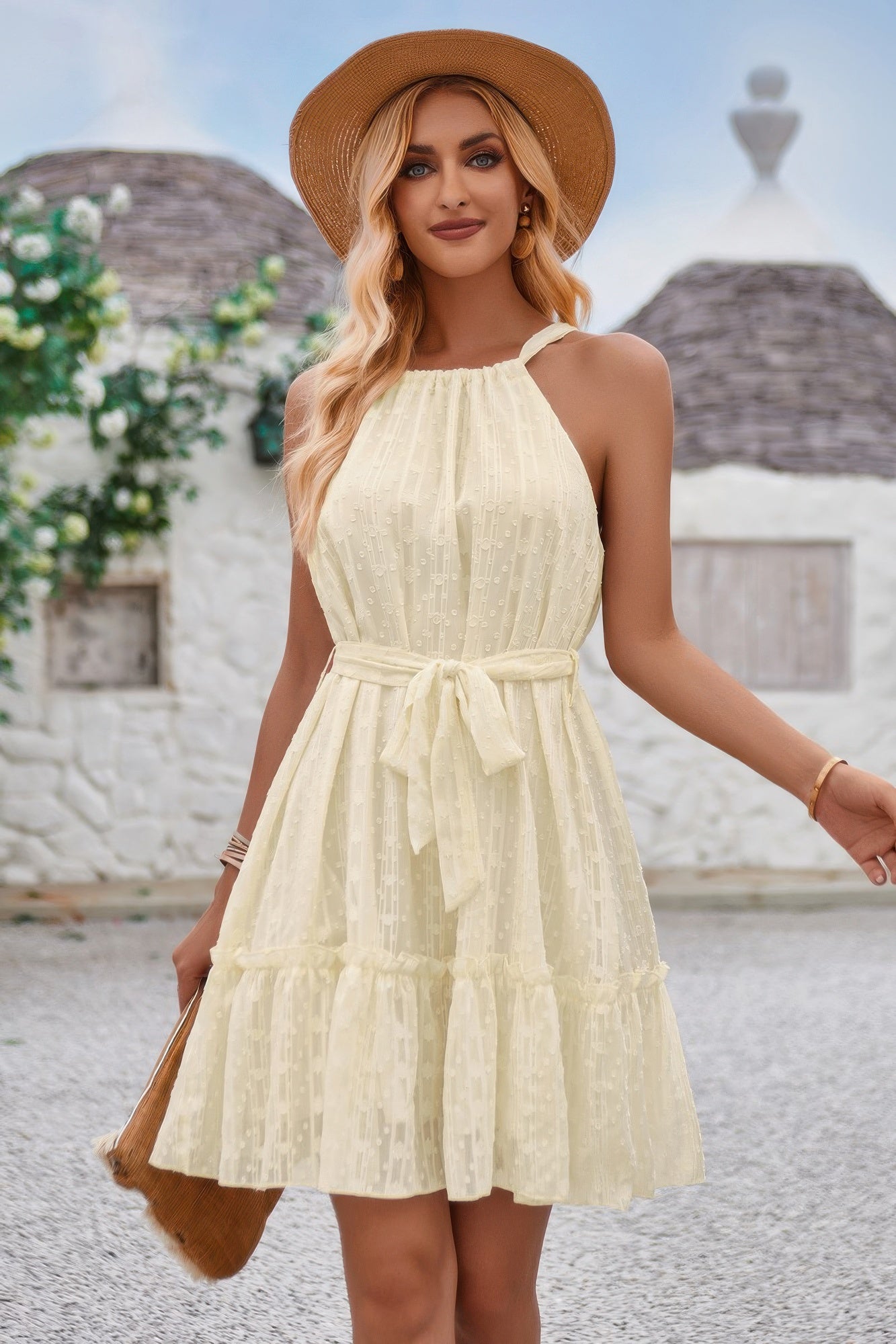 Solid Halter Neck Sleeveless Waist Tie Ruffle Dress  Shop One Place