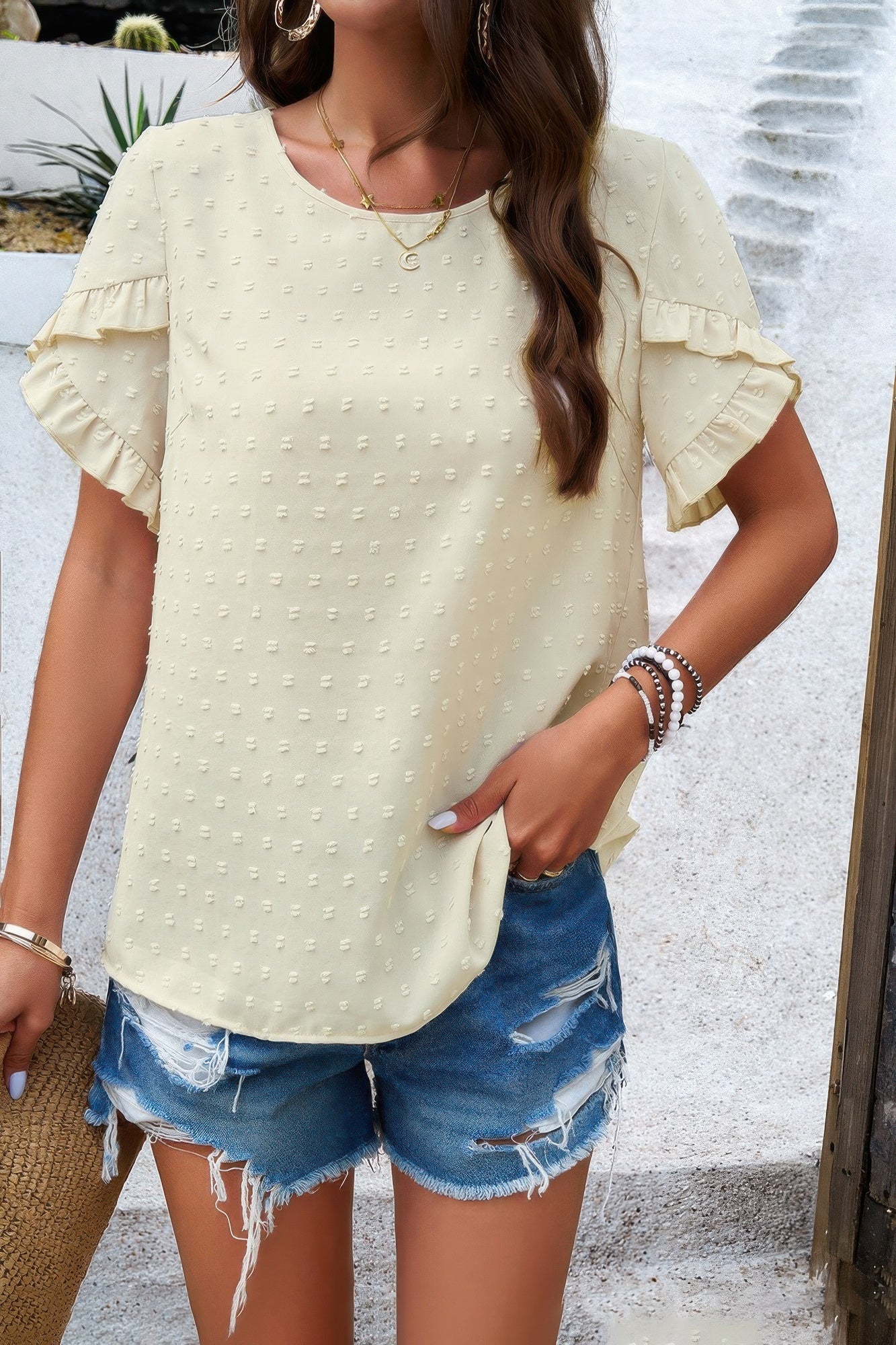Crewneck Chiffon Polka Dot Ruffle Short Sleeved Top  Shop One Place
