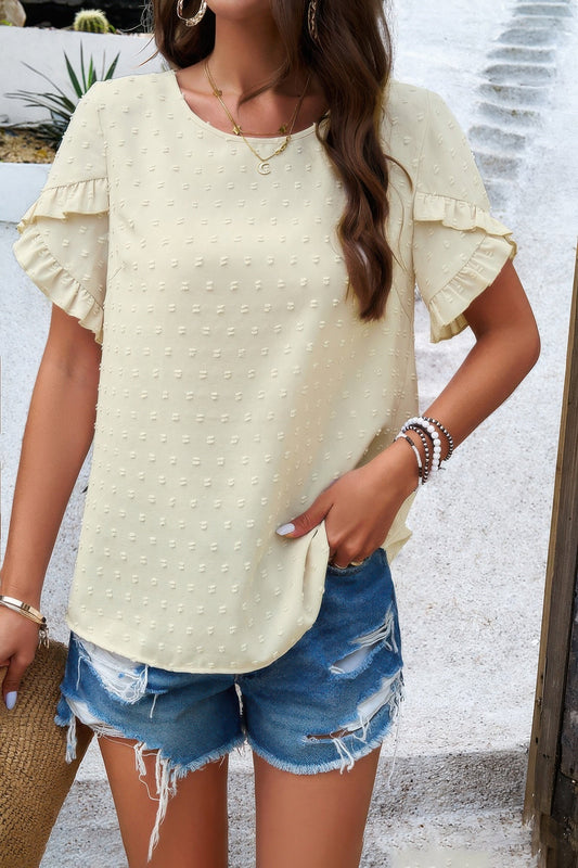 Crewneck Chiffon Polka Dot Ruffle Short Sleeved Top  Shop One Place