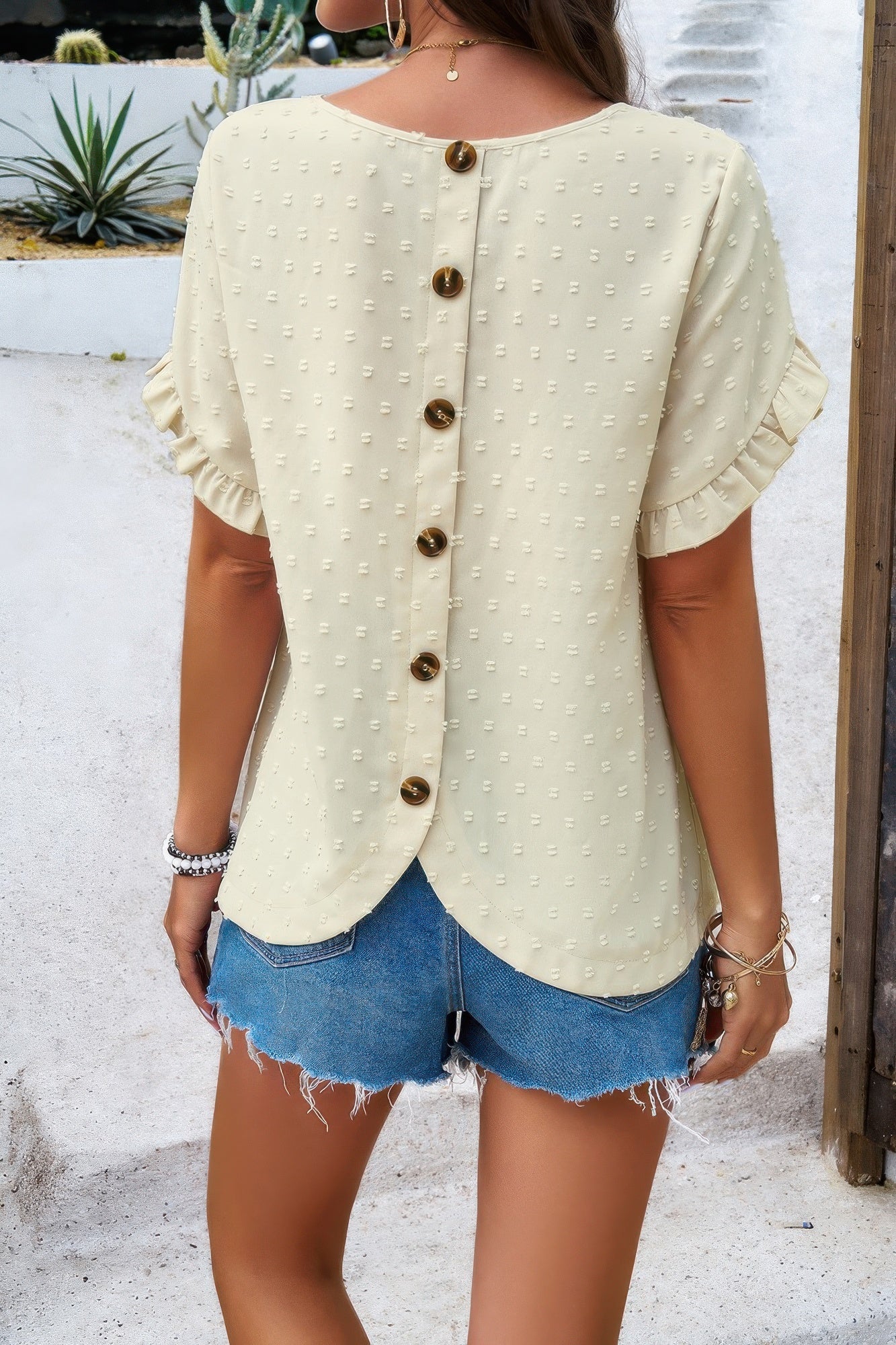 Crewneck Chiffon Polka Dot Ruffle Short Sleeved Top  Shop One Place