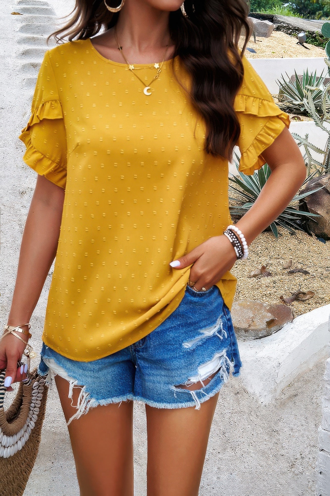 Crewneck Chiffon Polka Dot Ruffle Short Sleeved Top  Shop One Place