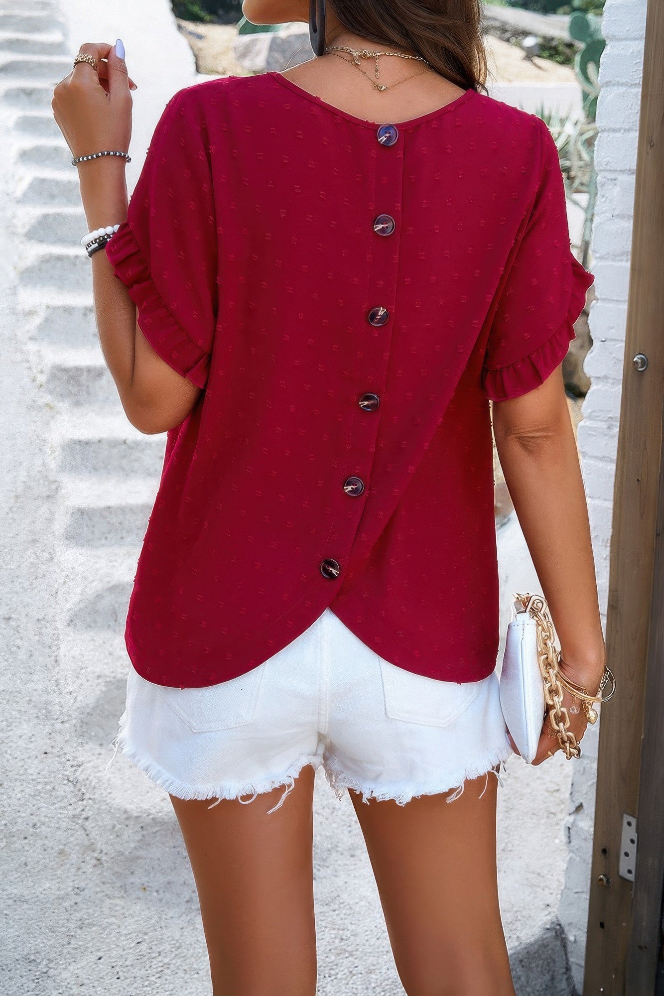 Crewneck Chiffon Polka Dot Ruffle Short Sleeved Top  Shop One Place