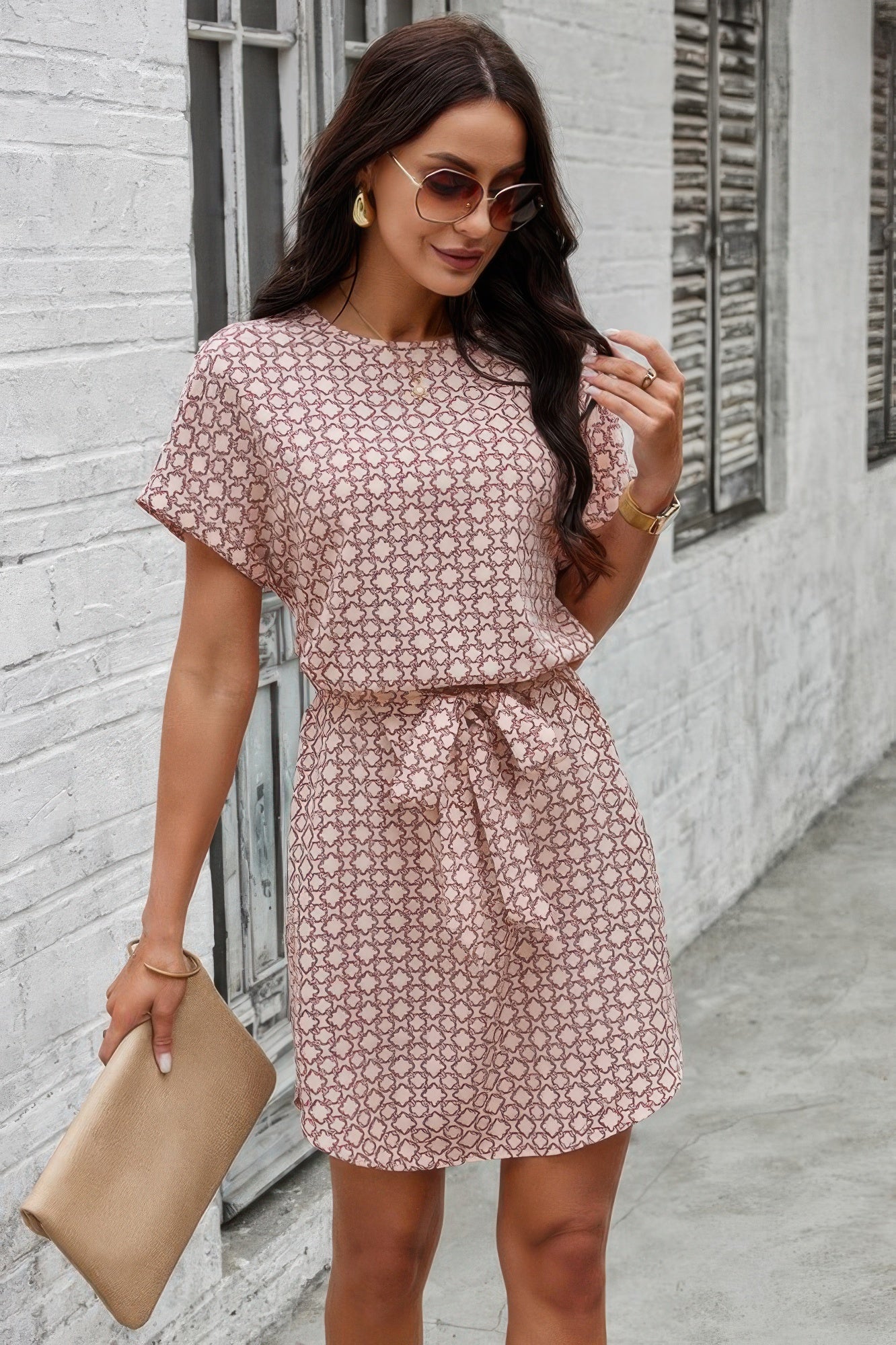 Elegant Crew Neck Batwing Sleeve Printed Dress  Shop One Place