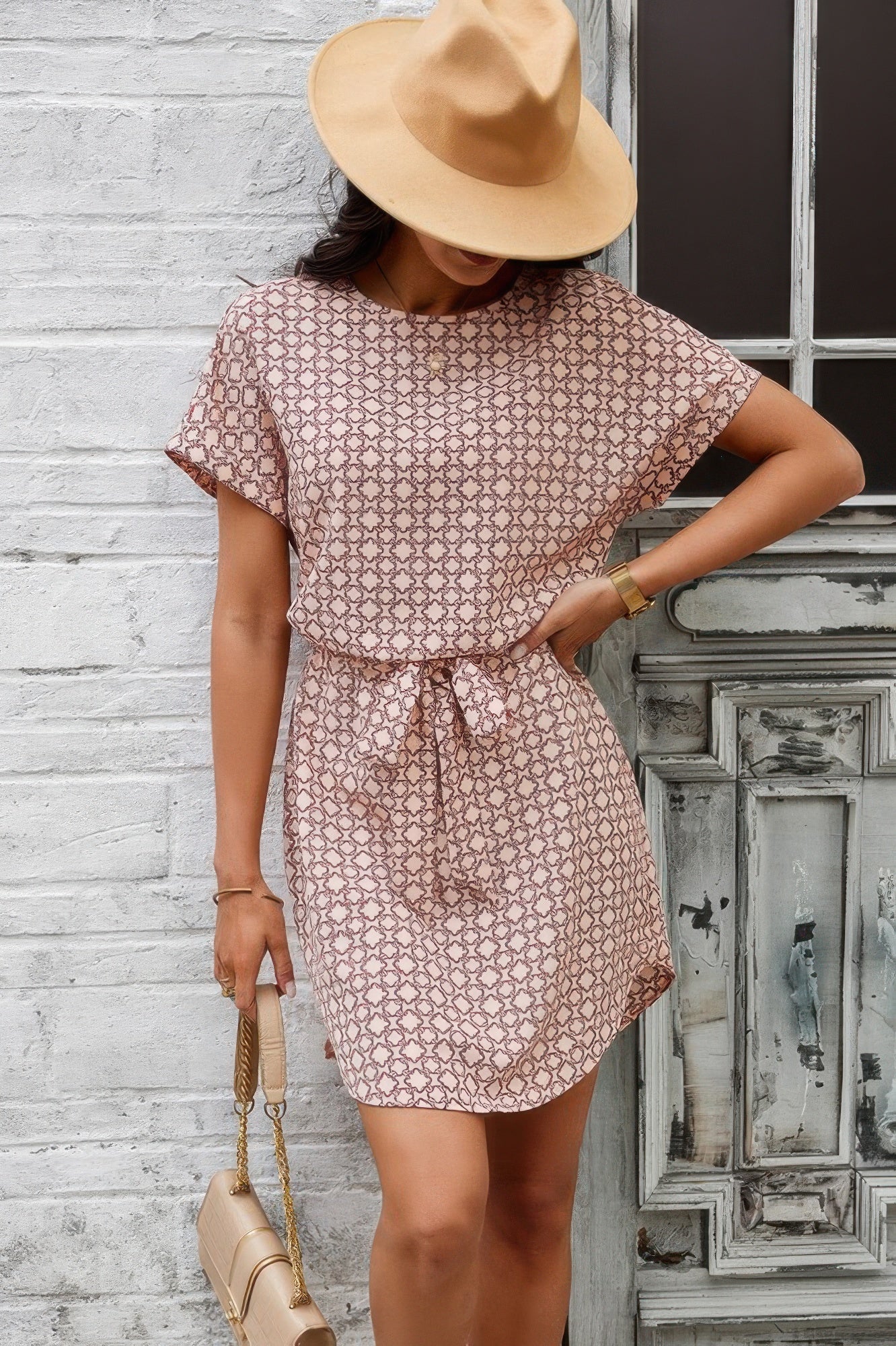 Elegant Crew Neck Batwing Sleeve Printed Dress  Shop One Place