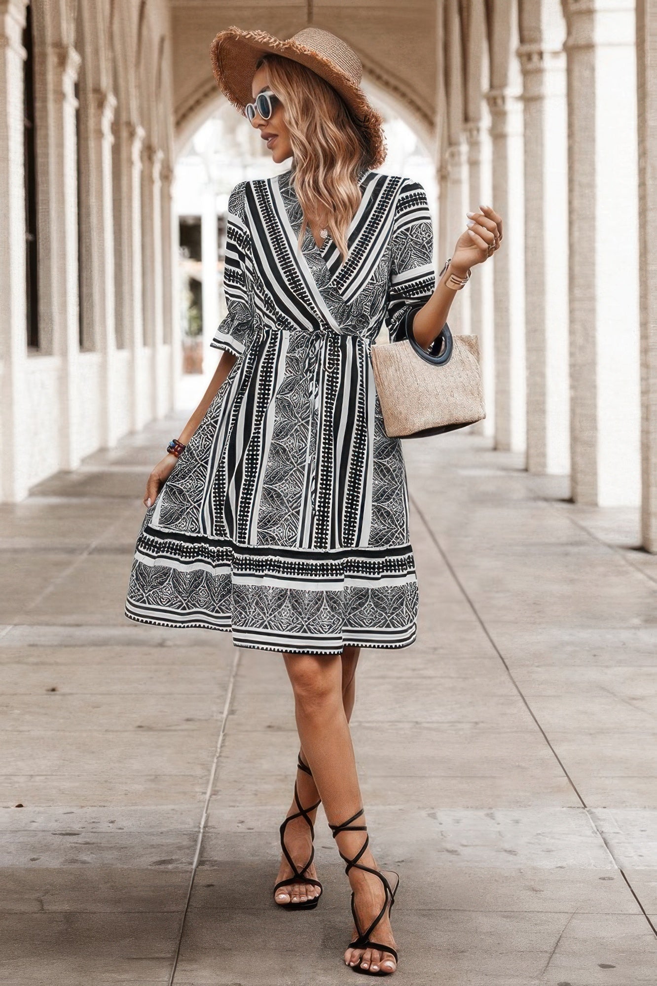 Allover Print Surplice Neck Ruffle Hem Fit Dress  Shop One Place