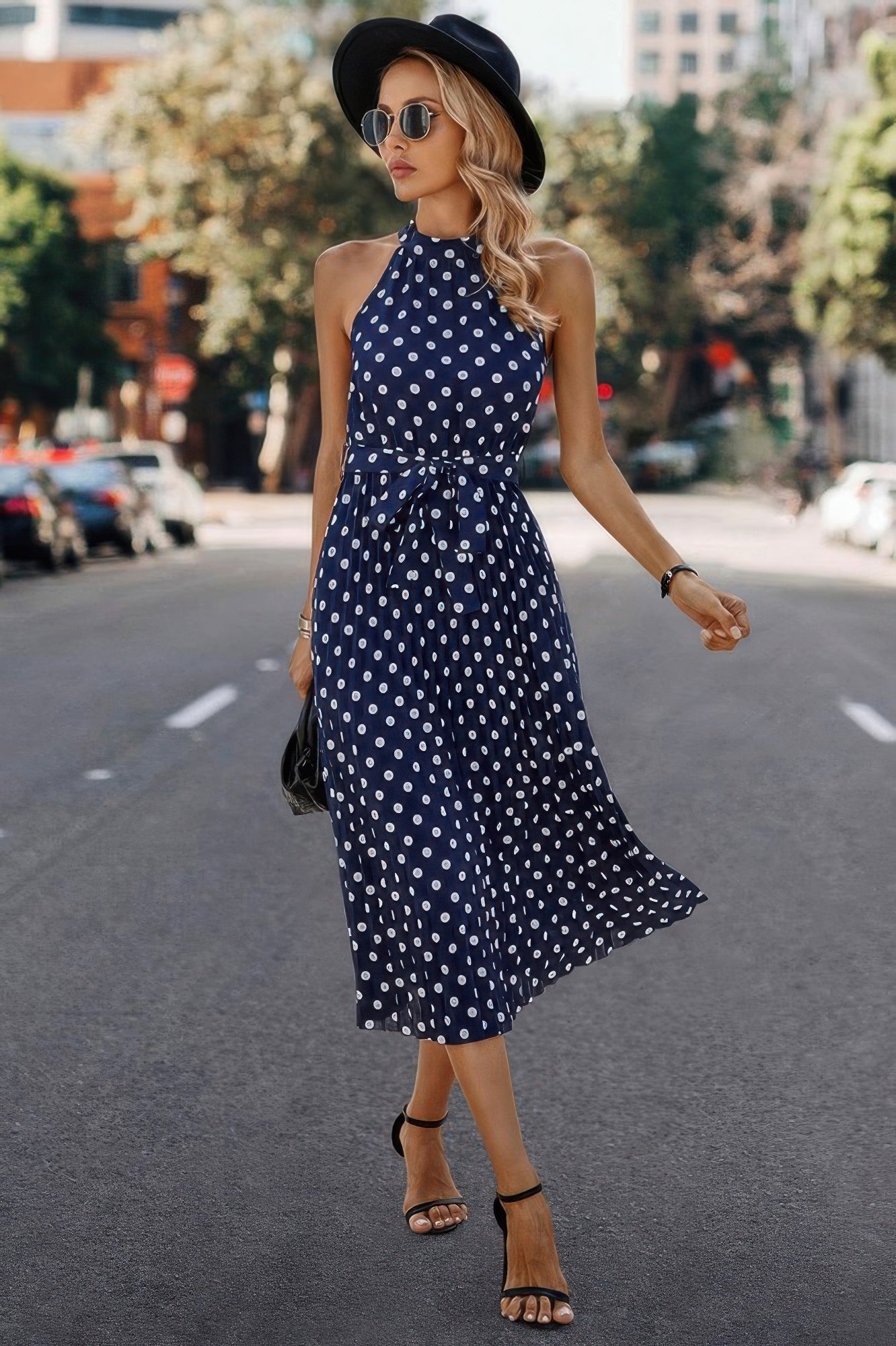 Dot Print Open Shoulder Fit Knot Belt Dress  Shop One Place