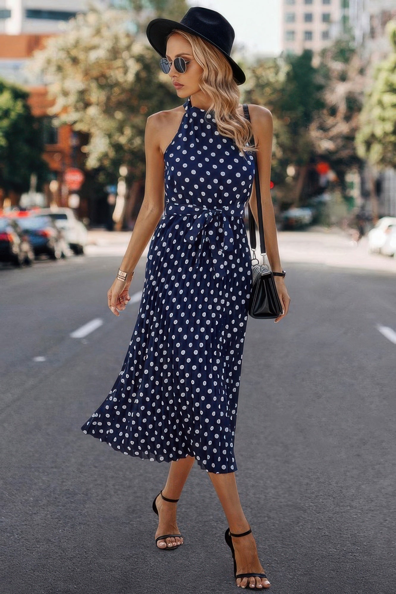 Dot Print Open Shoulder Fit Knot Belt Dress  Shop One Place