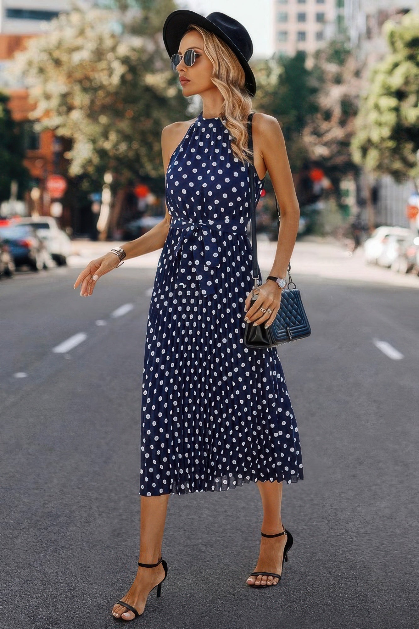 Dot Print Open Shoulder Fit Knot Belt Dress  Shop One Place