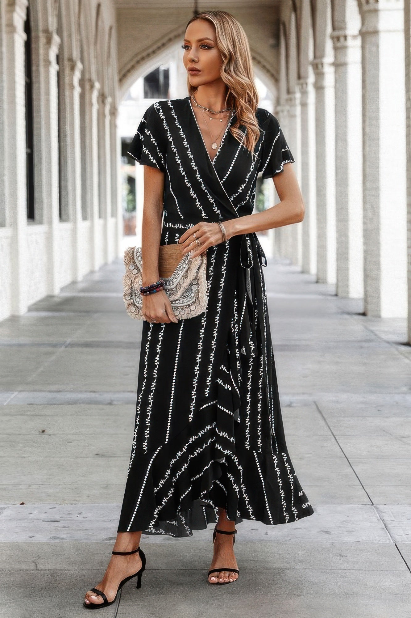 Strip Knot Belt Split V Neck Hem Ruffle Fit Dress  Shop One Place