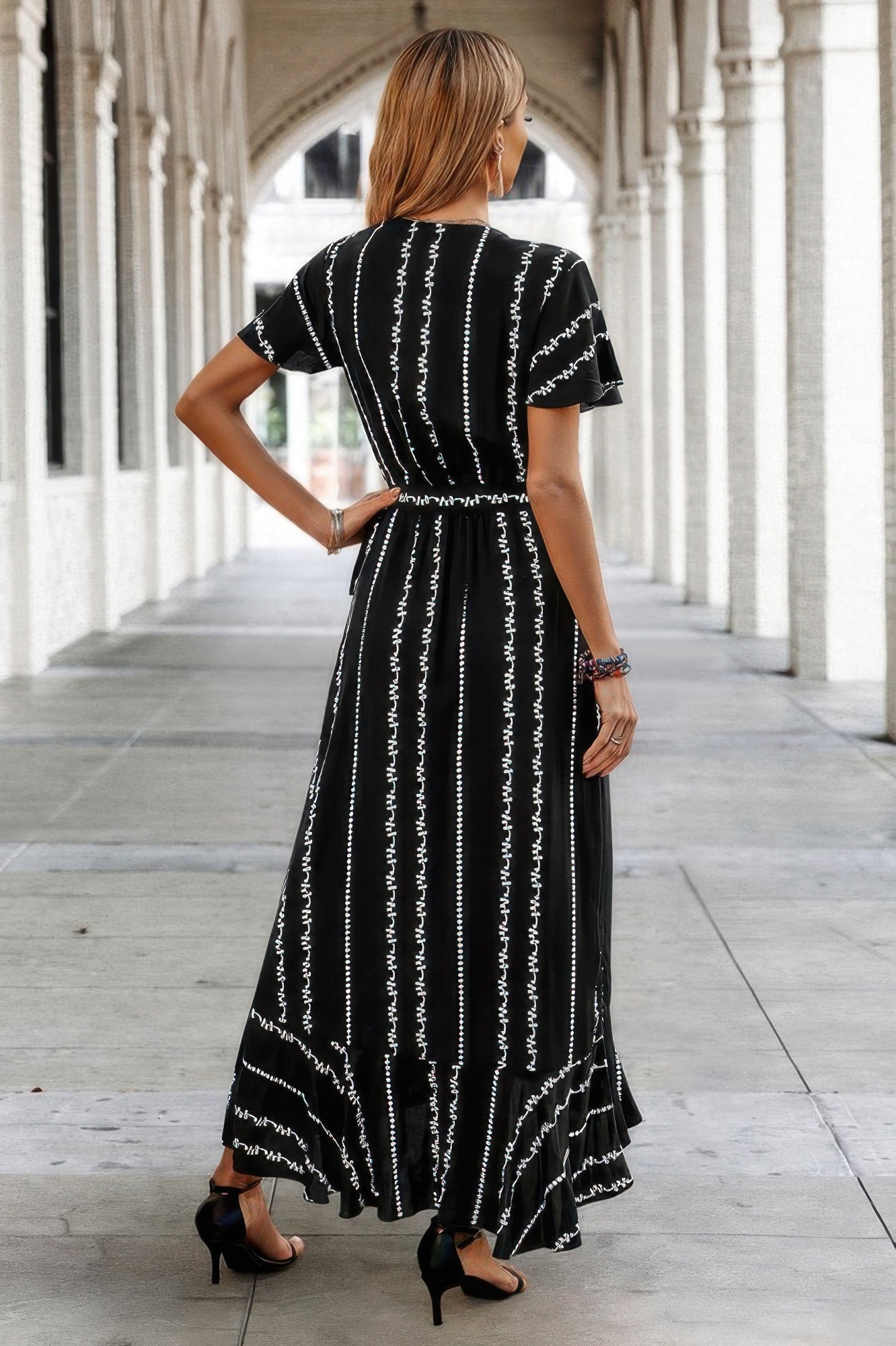 Strip Knot Belt Split V Neck Hem Ruffle Fit Dress  Shop One Place