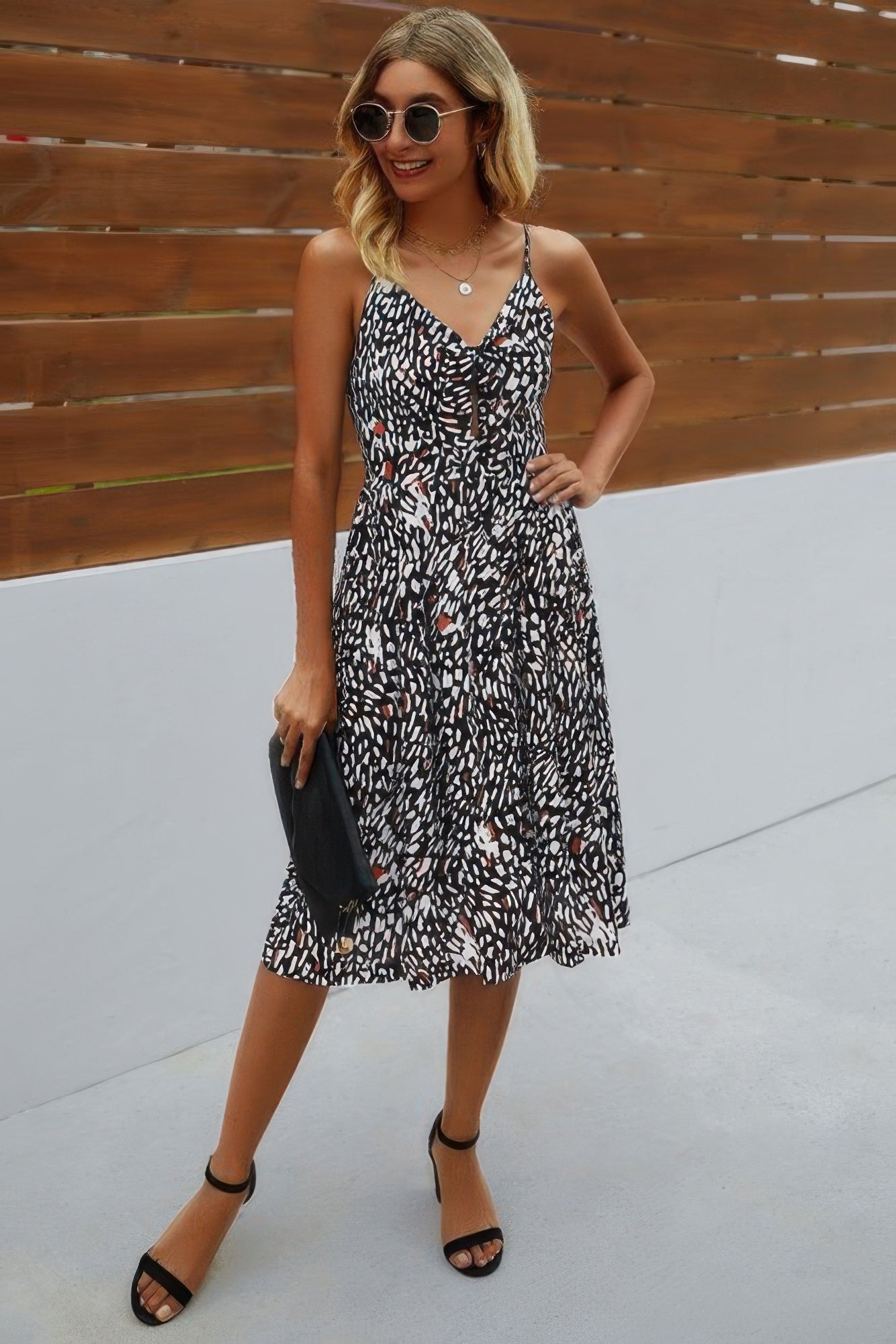 V Neck Spaghetti Strap Leopard Cut Out Midi Dress  Shop One Place