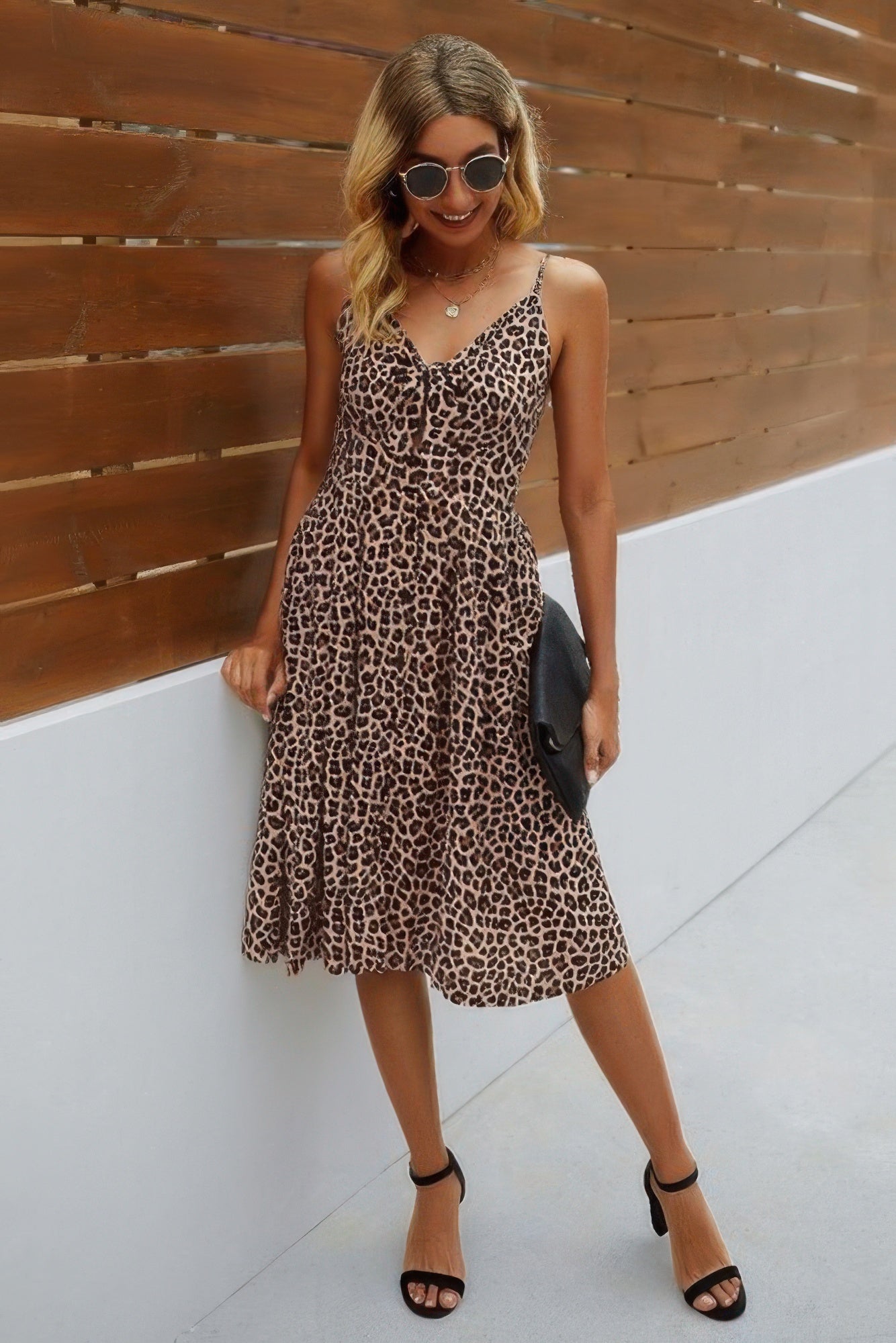 V Neck Spaghetti Strap Leopard Cut Out Midi Dress  Shop One Place