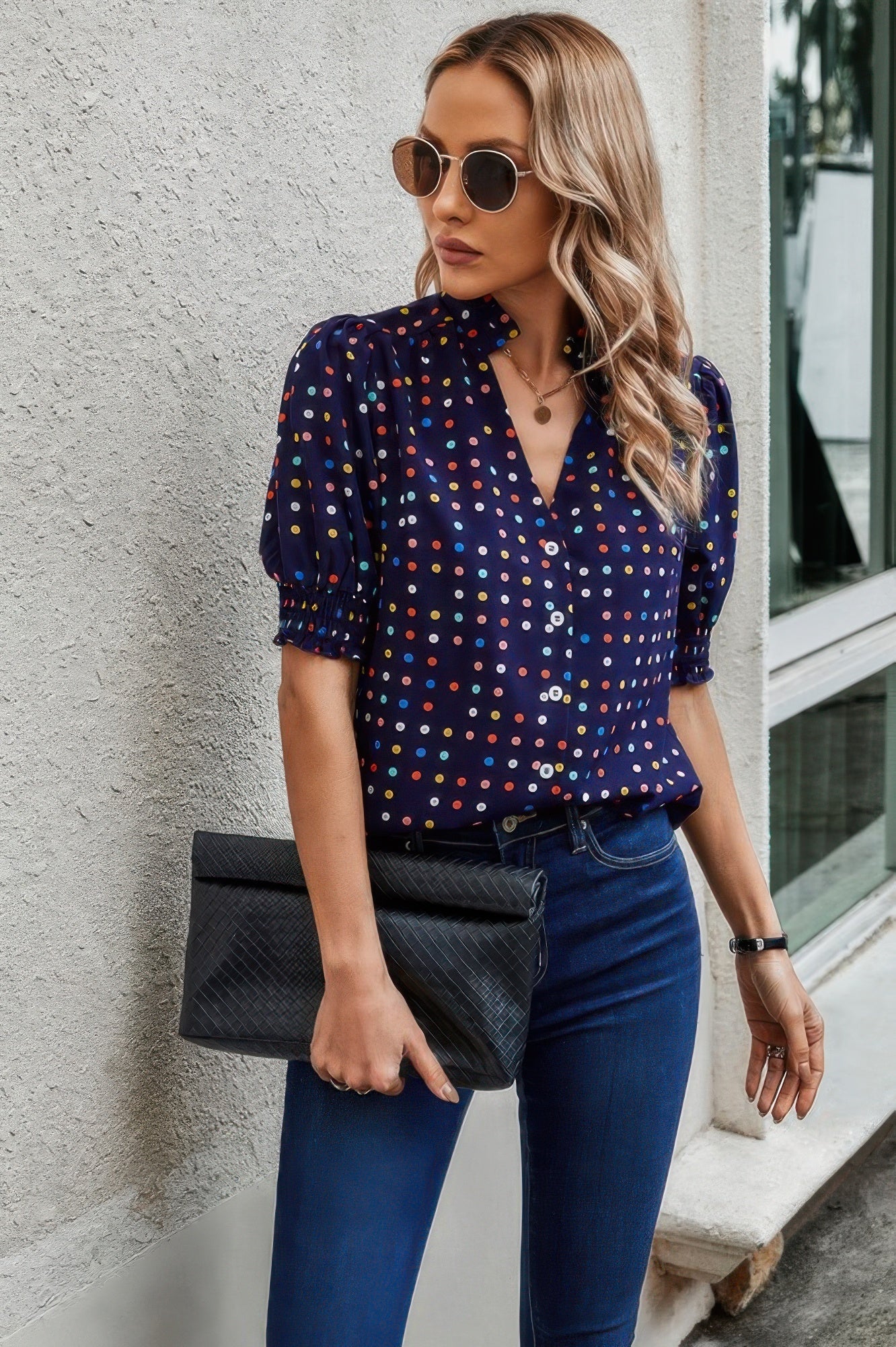 Polka Dot Print Puff Sleeve Loose Shirt  Shop One Place