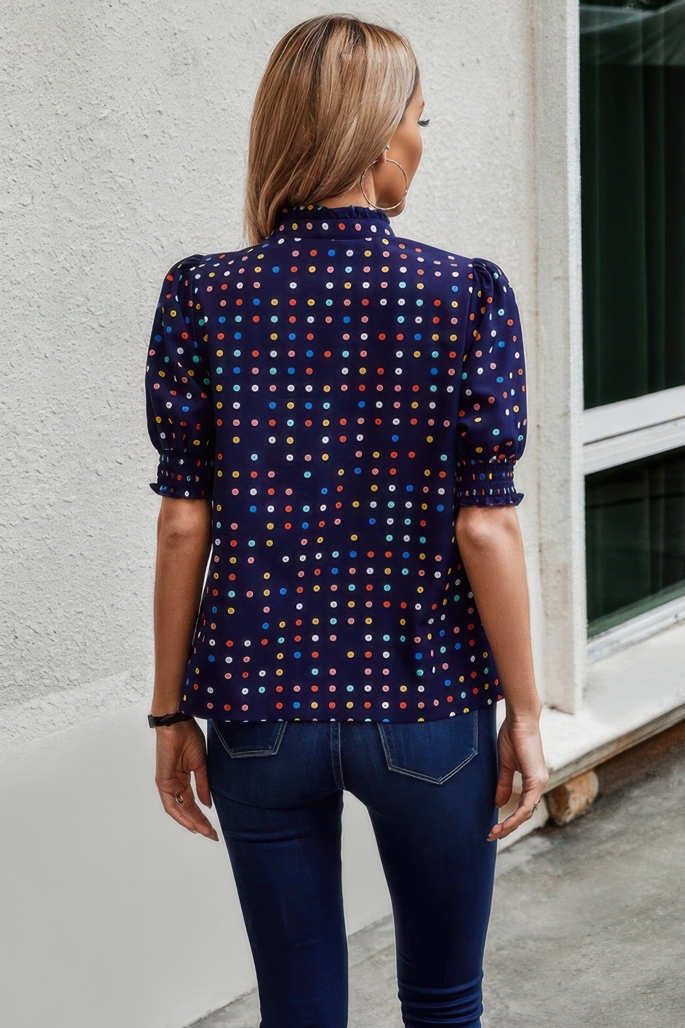 Polka Dot Print Puff Sleeve Loose Shirt  Shop One Place