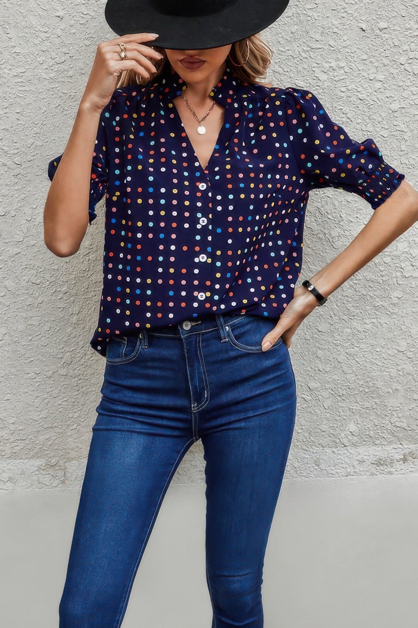 Polka Dot Print Puff Sleeve Loose Shirt  Shop One Place