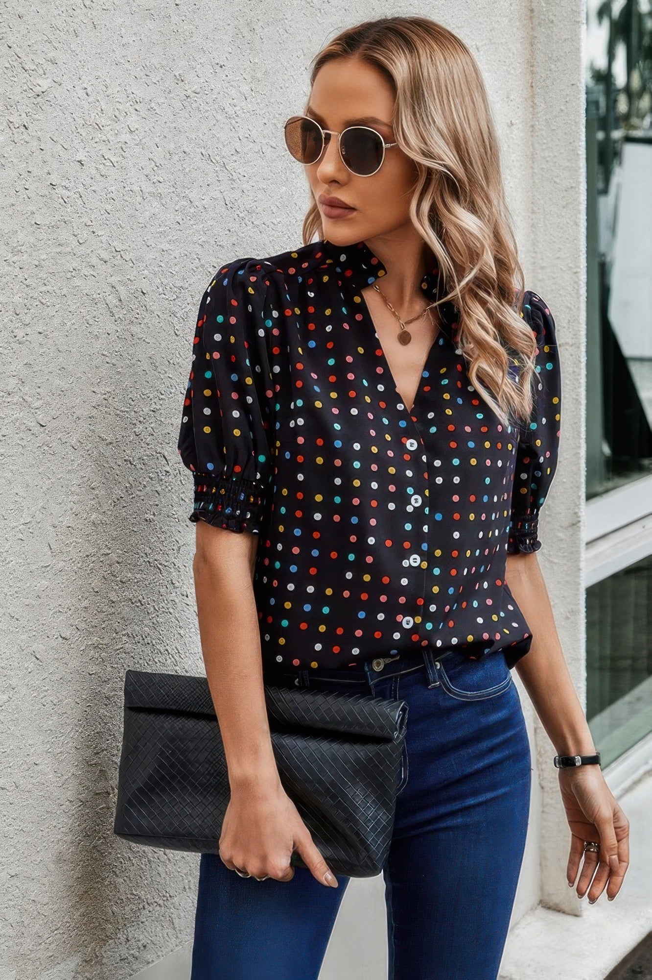 Polka Dot Print Puff Sleeve Loose Shirt  Shop One Place