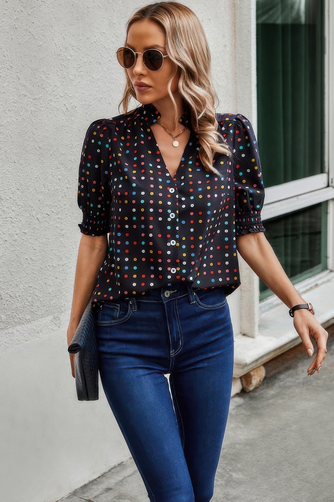 Polka Dot Print Puff Sleeve Loose Shirt  Shop One Place