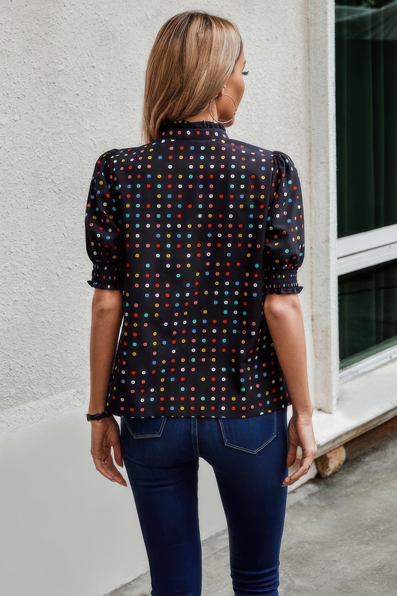 Polka Dot Print Puff Sleeve Loose Shirt  Shop One Place