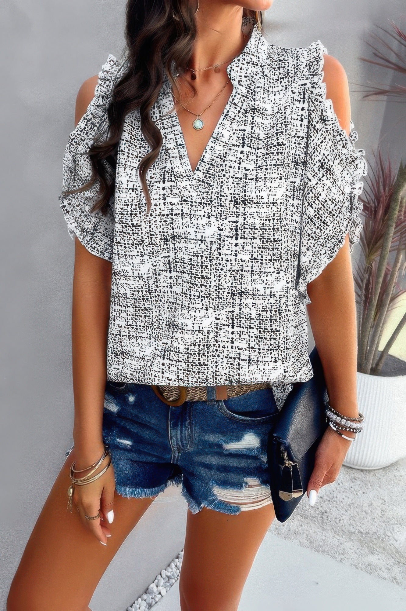 Printed Mandarine Collar Cold Shoulder Loose Top  Shop One Place