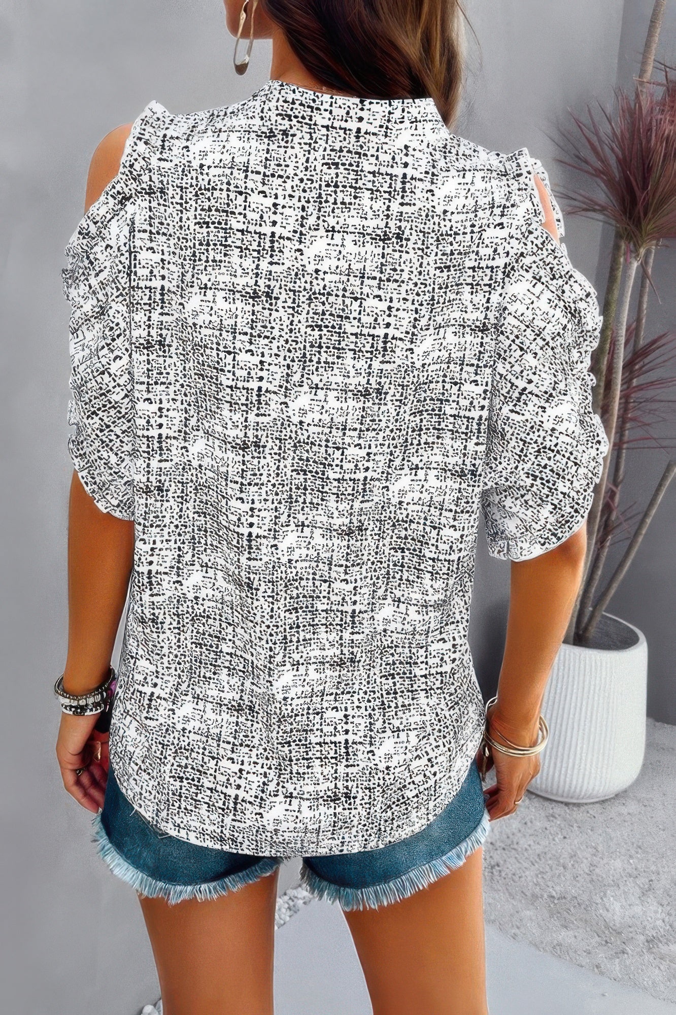 Printed Mandarine Collar Cold Shoulder Loose Top  Shop One Place