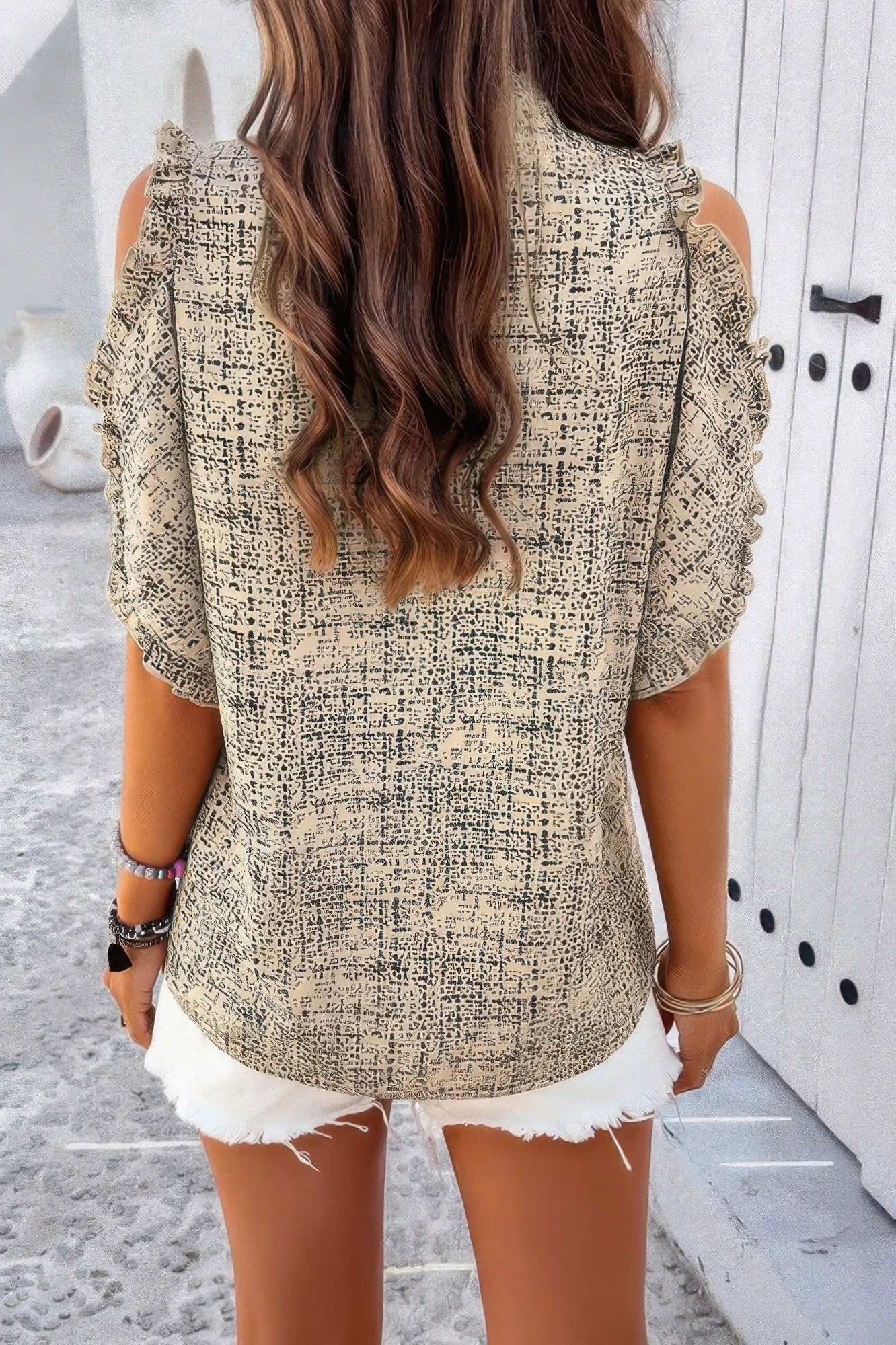 Printed Mandarine Collar Cold Shoulder Loose Top  Shop One Place